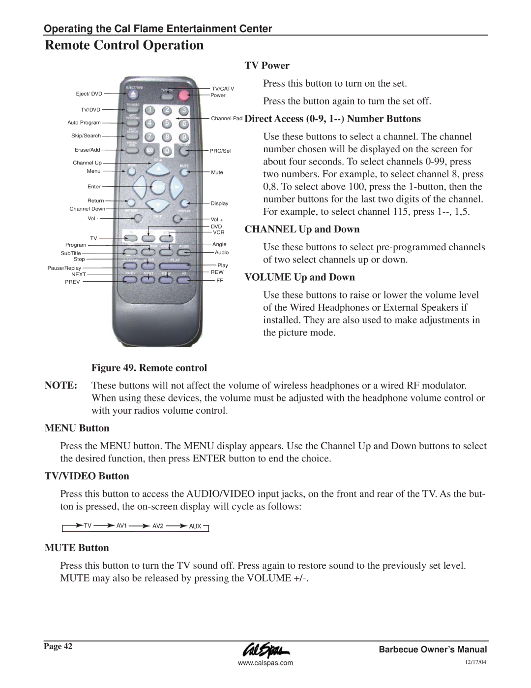 Cal Flame G3000 owner manual Remote Control Operation 