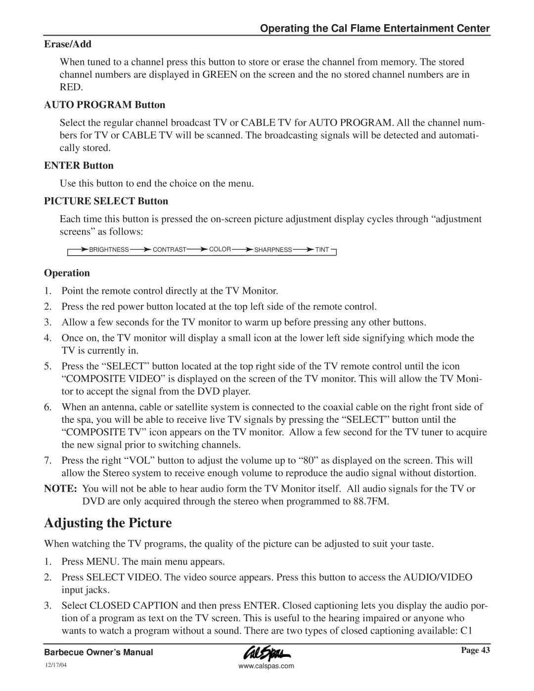 Cal Flame G3000 owner manual Adjusting the Picture 