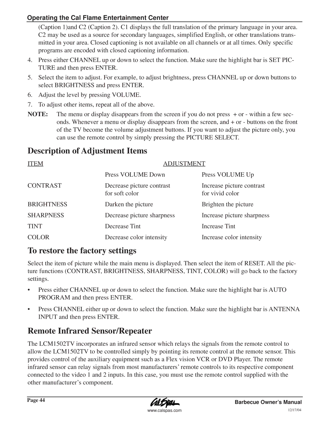 Cal Flame G3000 Description of Adjustment Items, To restore the factory settings, Remote Infrared Sensor/Repeater 