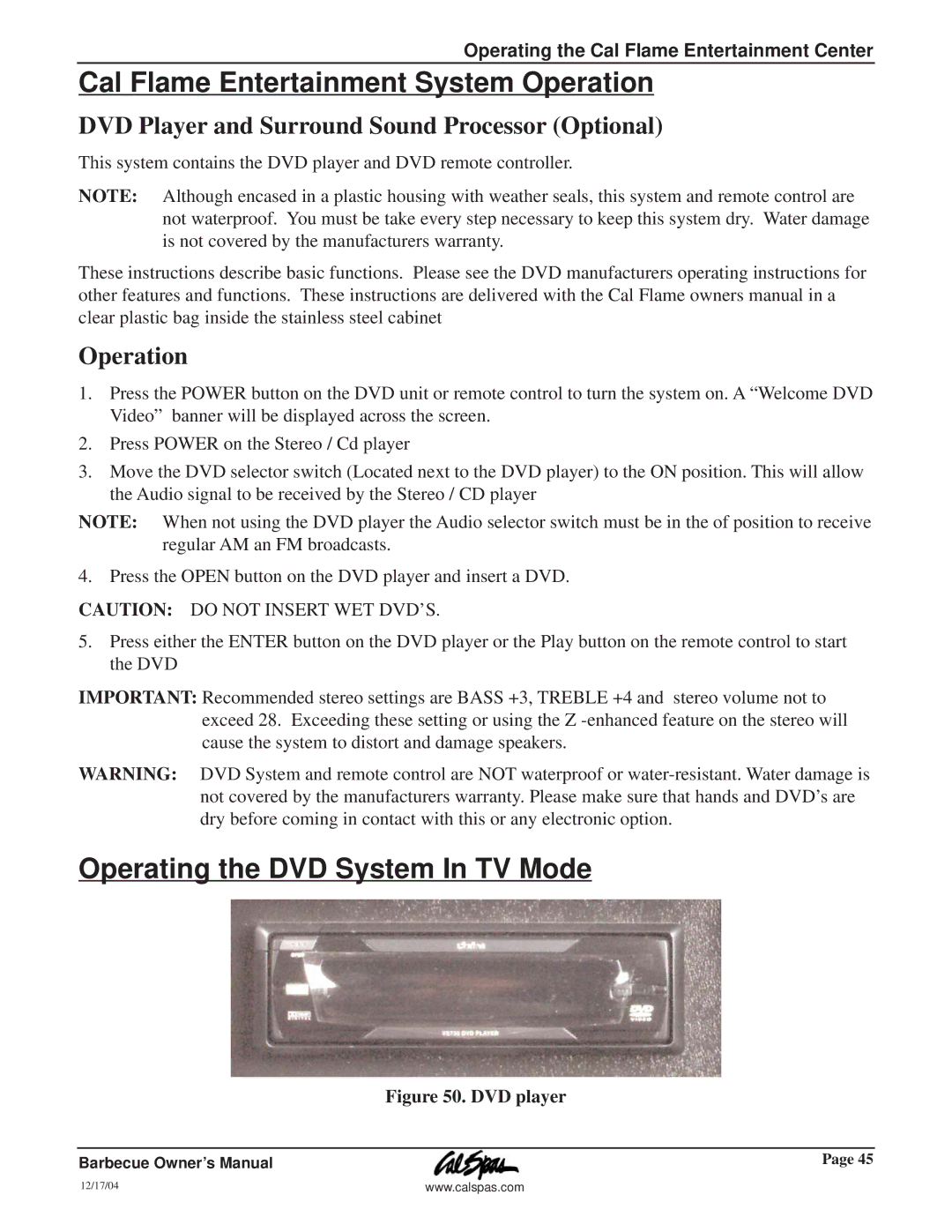 Cal Flame G3000 owner manual Cal Flame Entertainment System Operation, Operating the DVD System In TV Mode 