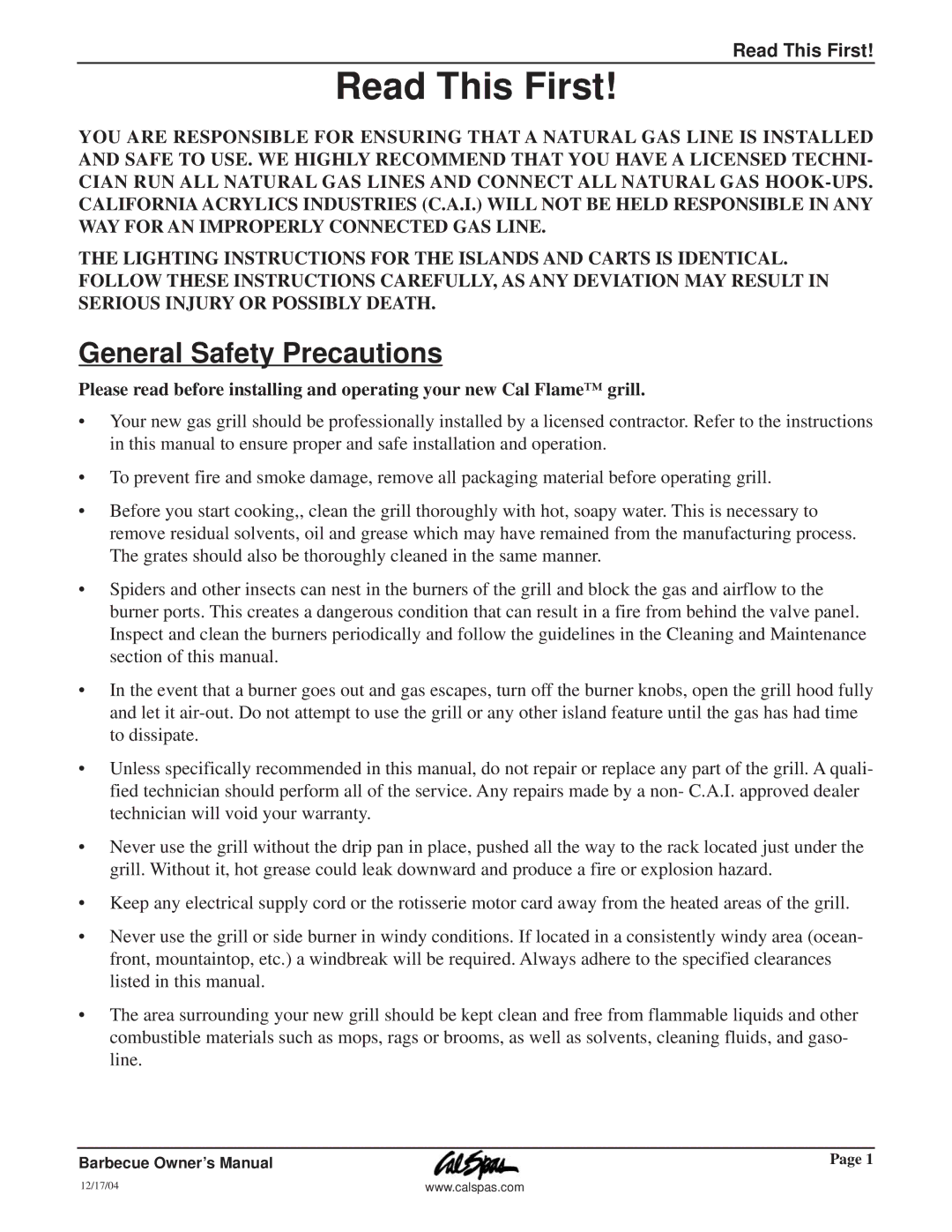 Cal Flame G3000 owner manual Read This First, General Safety Precautions 