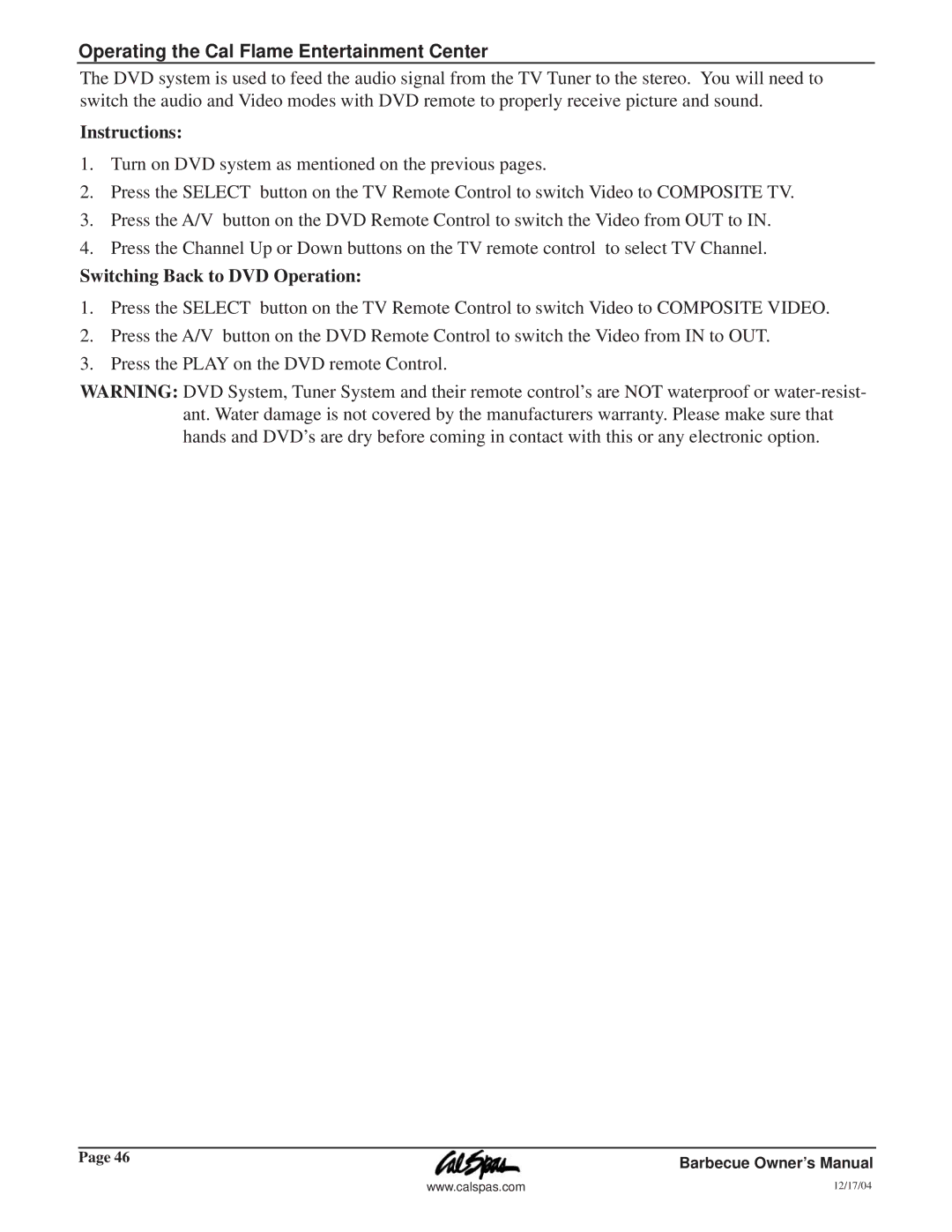 Cal Flame G3000 owner manual Instructions, Switching Back to DVD Operation 