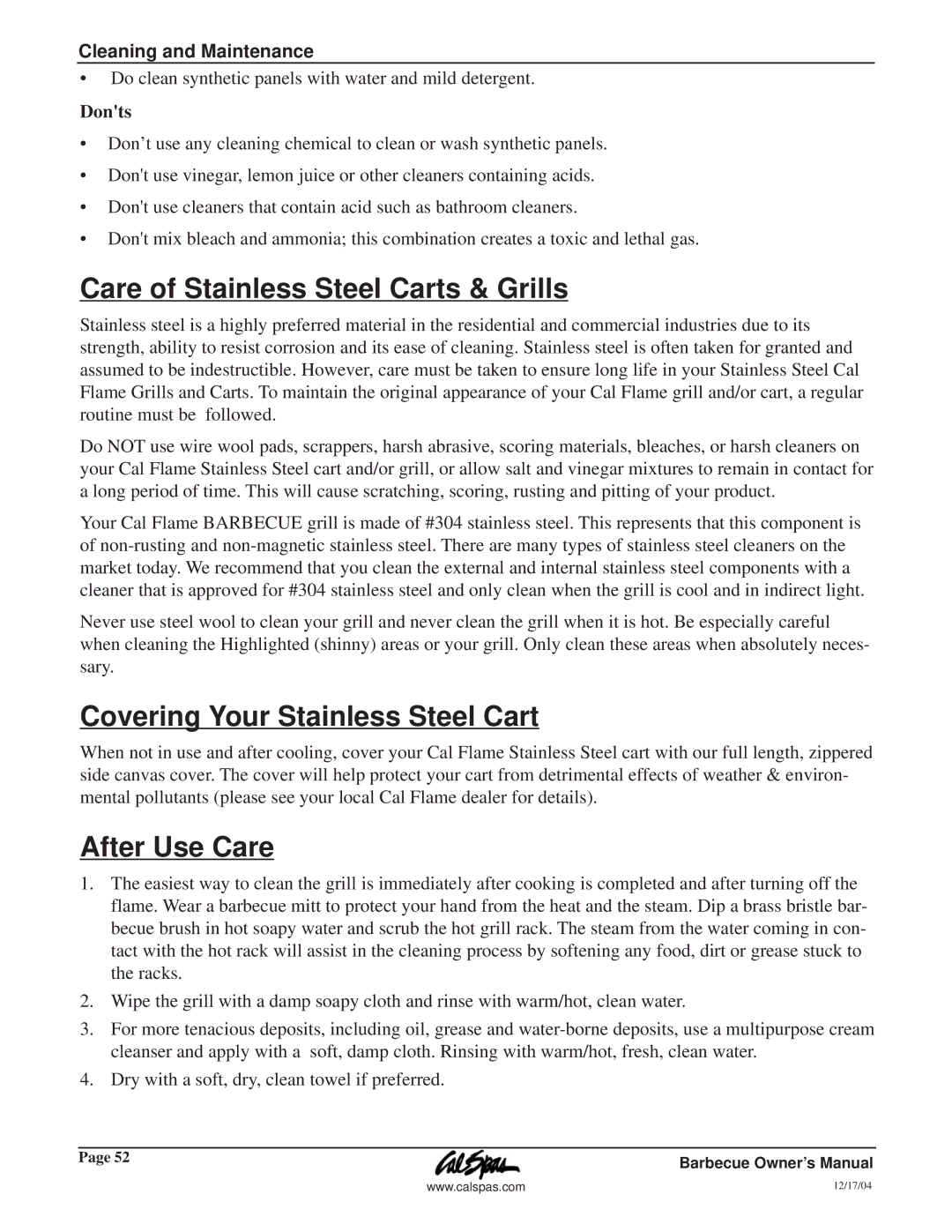 Cal Flame G3000 owner manual Care of Stainless Steel Carts & Grills, Covering Your Stainless Steel Cart, After Use Care 