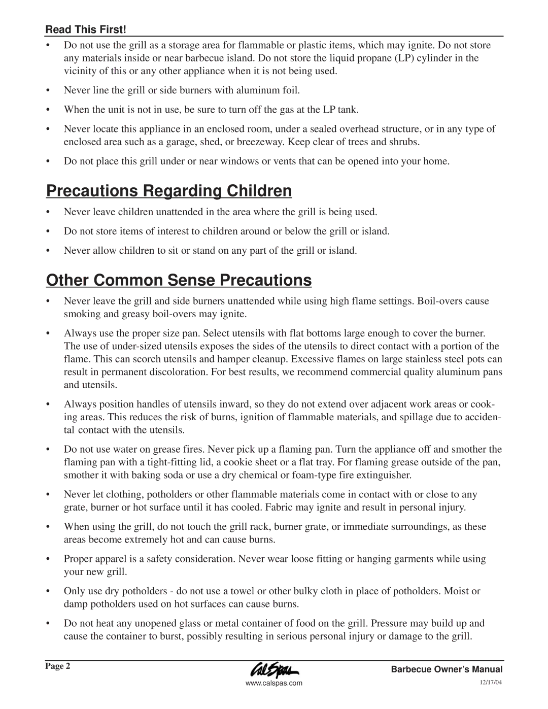 Cal Flame G3000 owner manual Precautions Regarding Children, Other Common Sense Precautions 