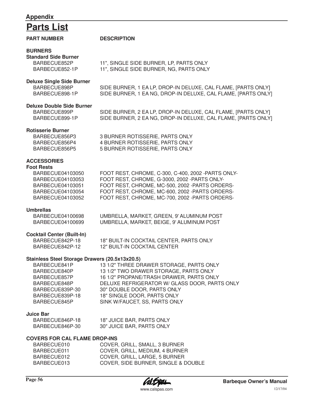 Cal Flame G3000 owner manual Parts List, Part Number Burners 