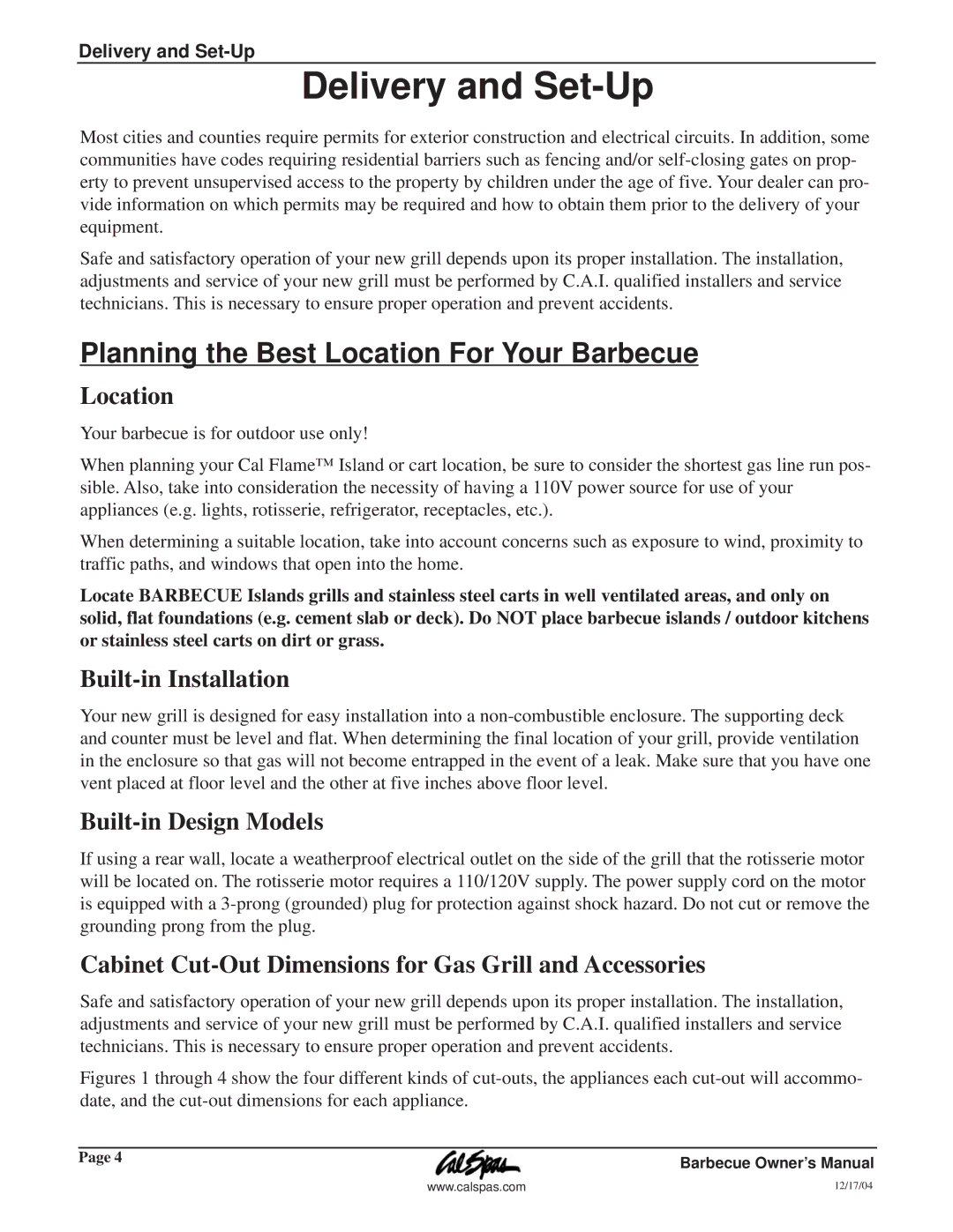 Cal Flame G3000 owner manual Planning the Best Location For Your Barbecue, Built-in Installation, Built-in Design Models 