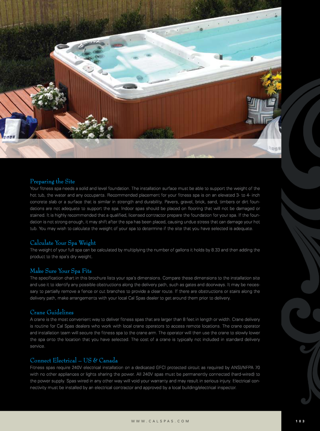 Cal Flame Hot Tub manual Preparing the Site, Calculate Your Spa Weight, Make Sure Your Spa Fits, Crane Guidelines 