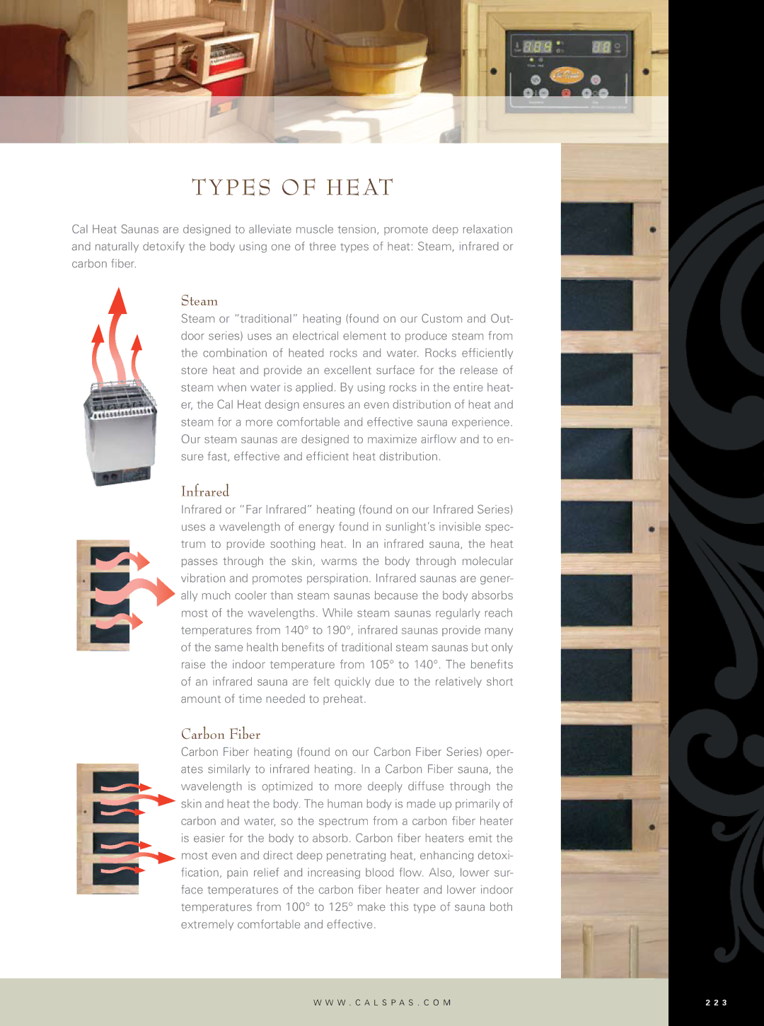 Cal Flame 300, IR100, 400C, 200 manual Types of heat, Steam, Infrared, Carbon Fiber 