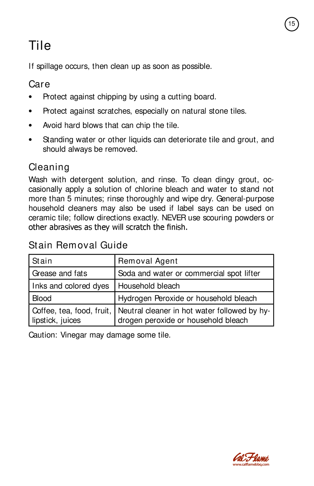 Cal Flame KD6016, KD6002 manual Tile, Care, Cleaning, Stain Removal Guide 