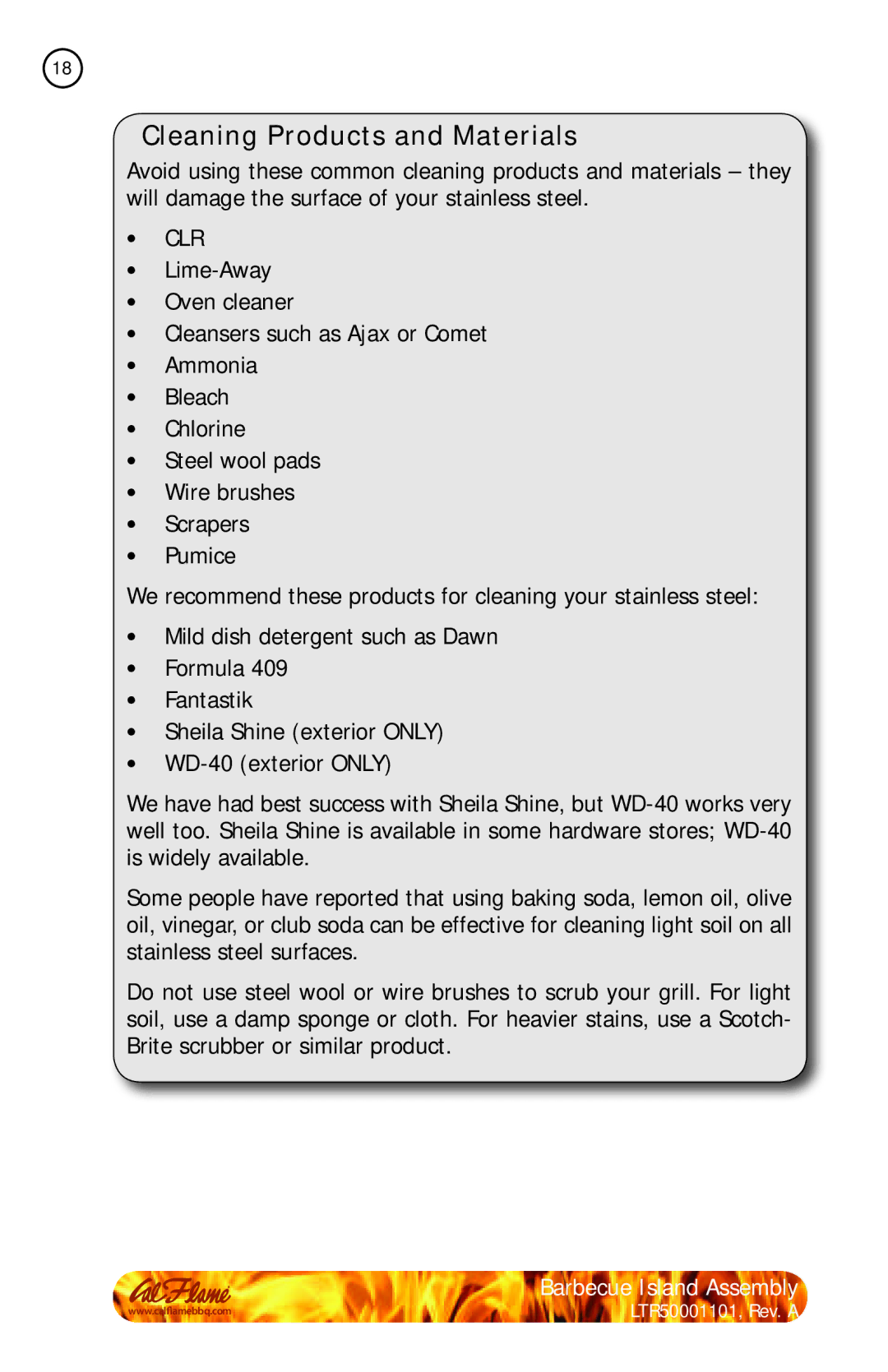 Cal Flame KD6002, KD6016 manual Cleaning Products and Materials, Clr 