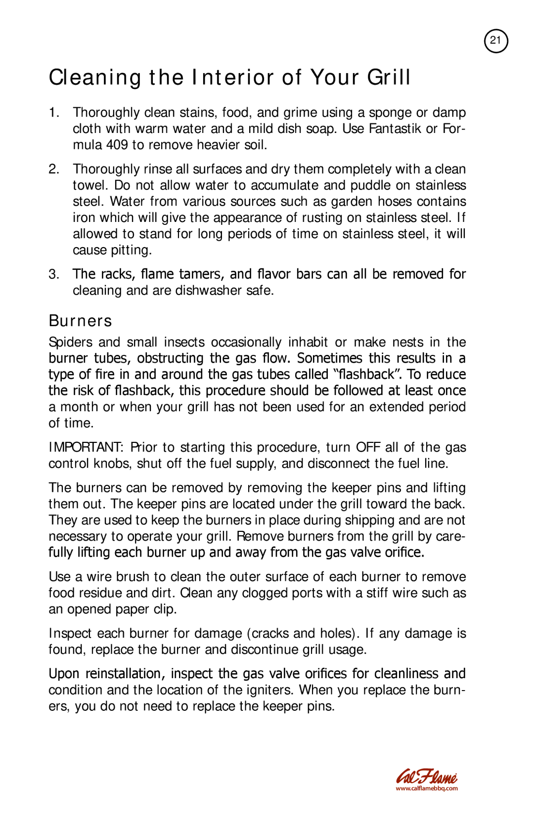 Cal Flame KD6016, KD6002 manual Cleaning the Interior of Your Grill, Burners 