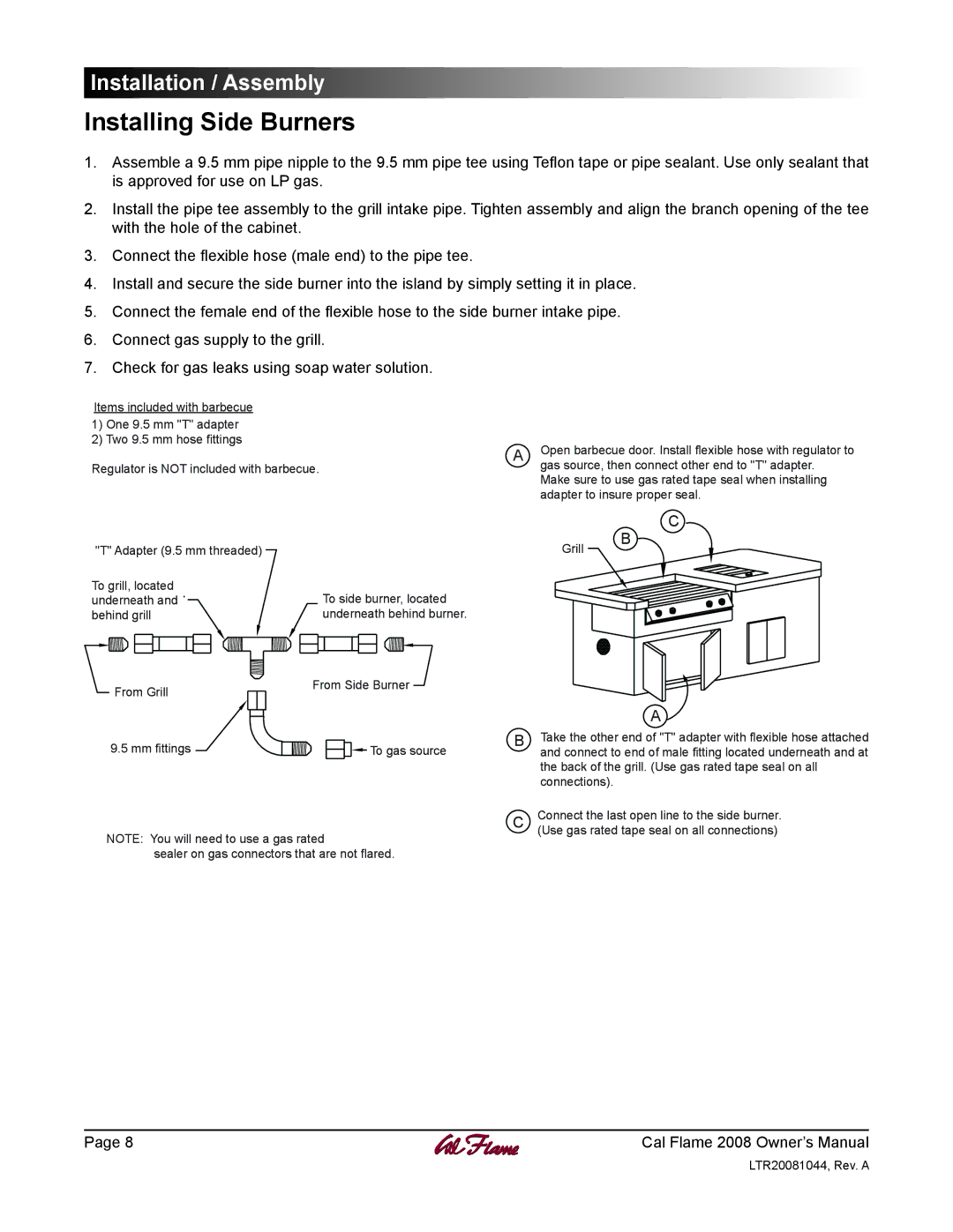 Cal Flame LTR20081044 manual Installing Side Burners 