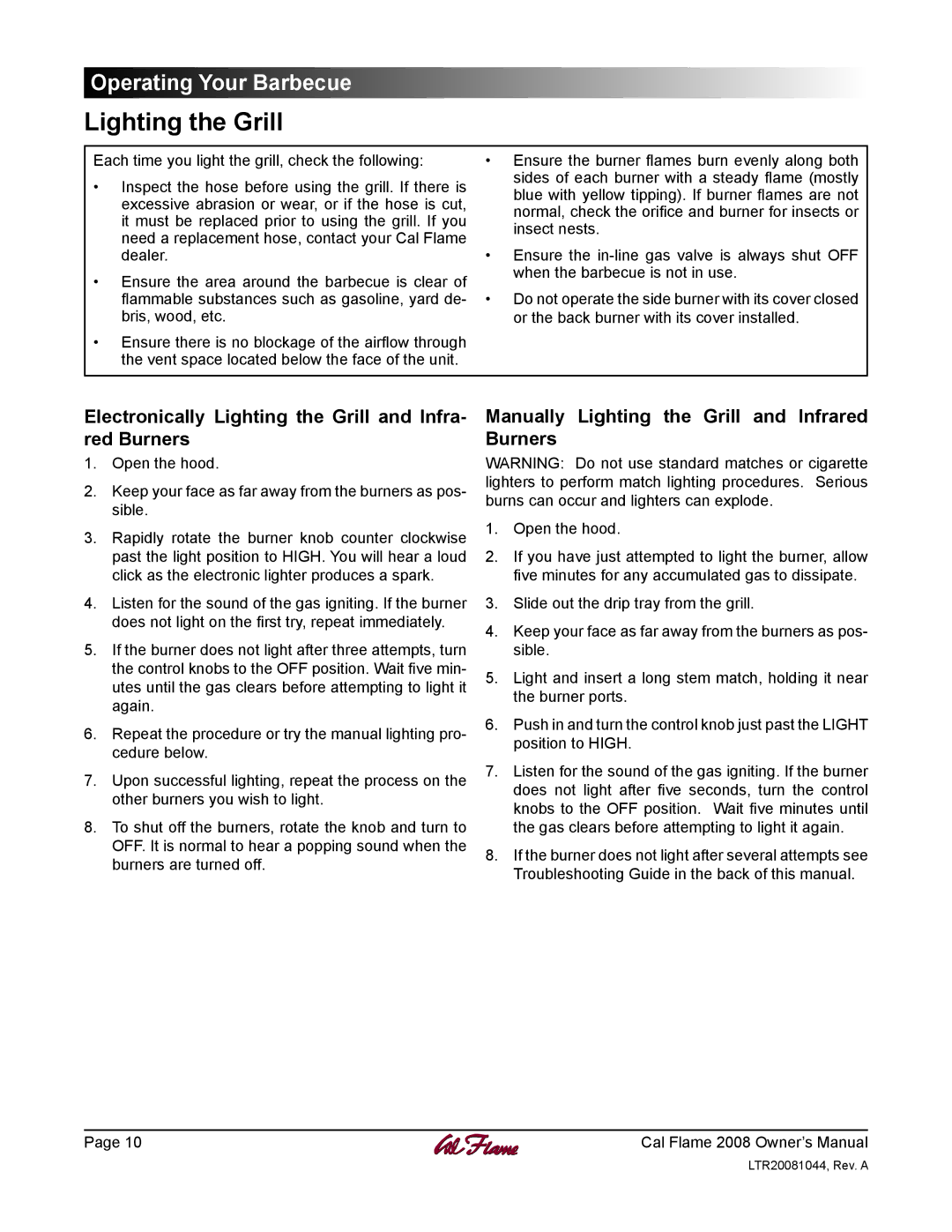 Cal Flame LTR20081044 manual Electronically Lighting the Grill and Infra- red Burners 