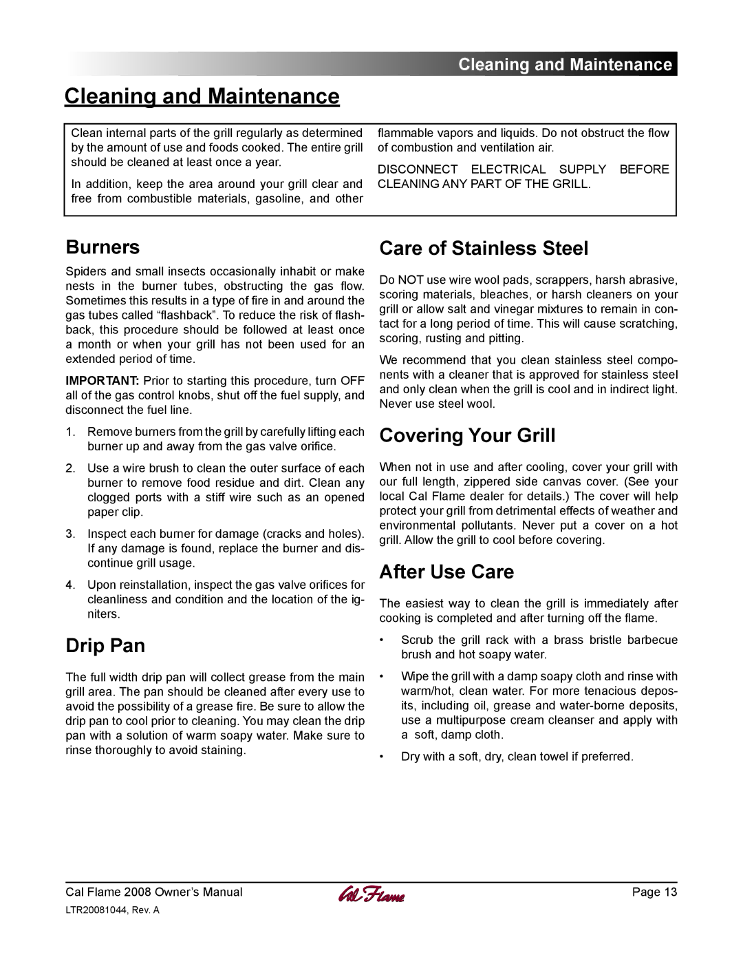 Cal Flame LTR20081044 manual Cleaning and Maintenance 