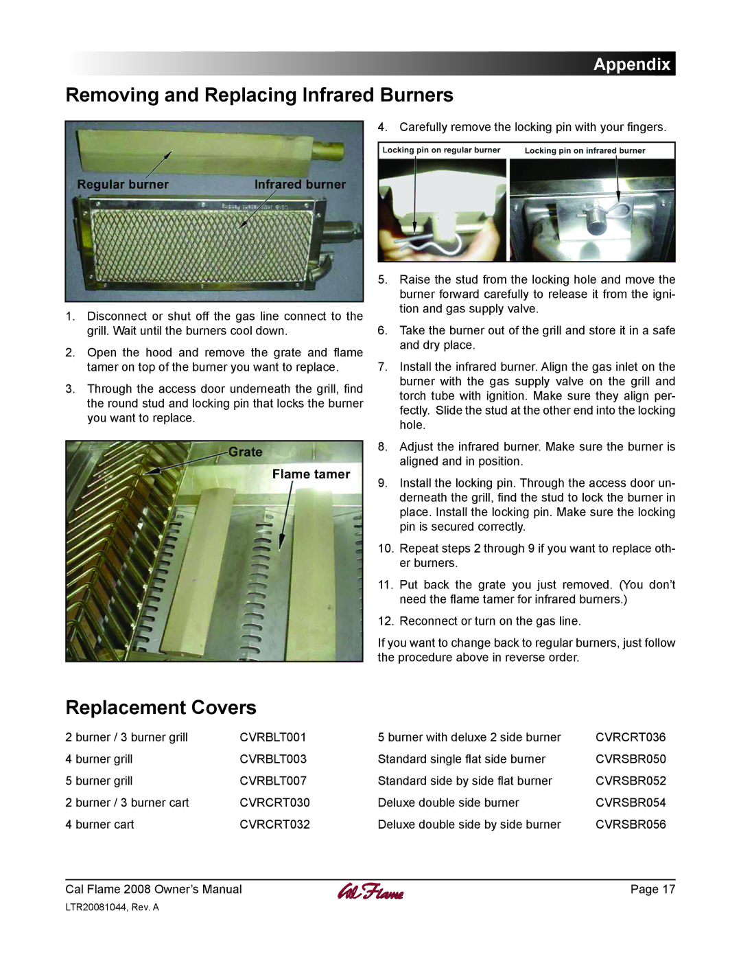 Cal Flame LTR20081044 manual Removing and Replacing Infrared Burners, Replacement Covers 