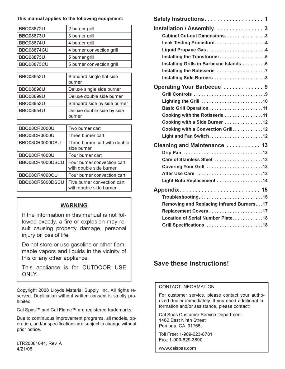 Cal Flame LTR20081044 manual Safety Instructions Installation / Assembly, Operating Your Barbecue, Cleaning and Maintenance 