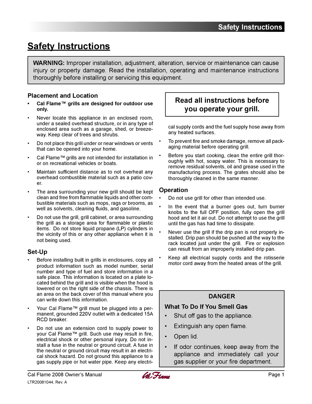 Cal Flame LTR20081044 manual Safety Instructions, Placement and Location, Operation, Set-Up, What To Do If You Smell Gas 