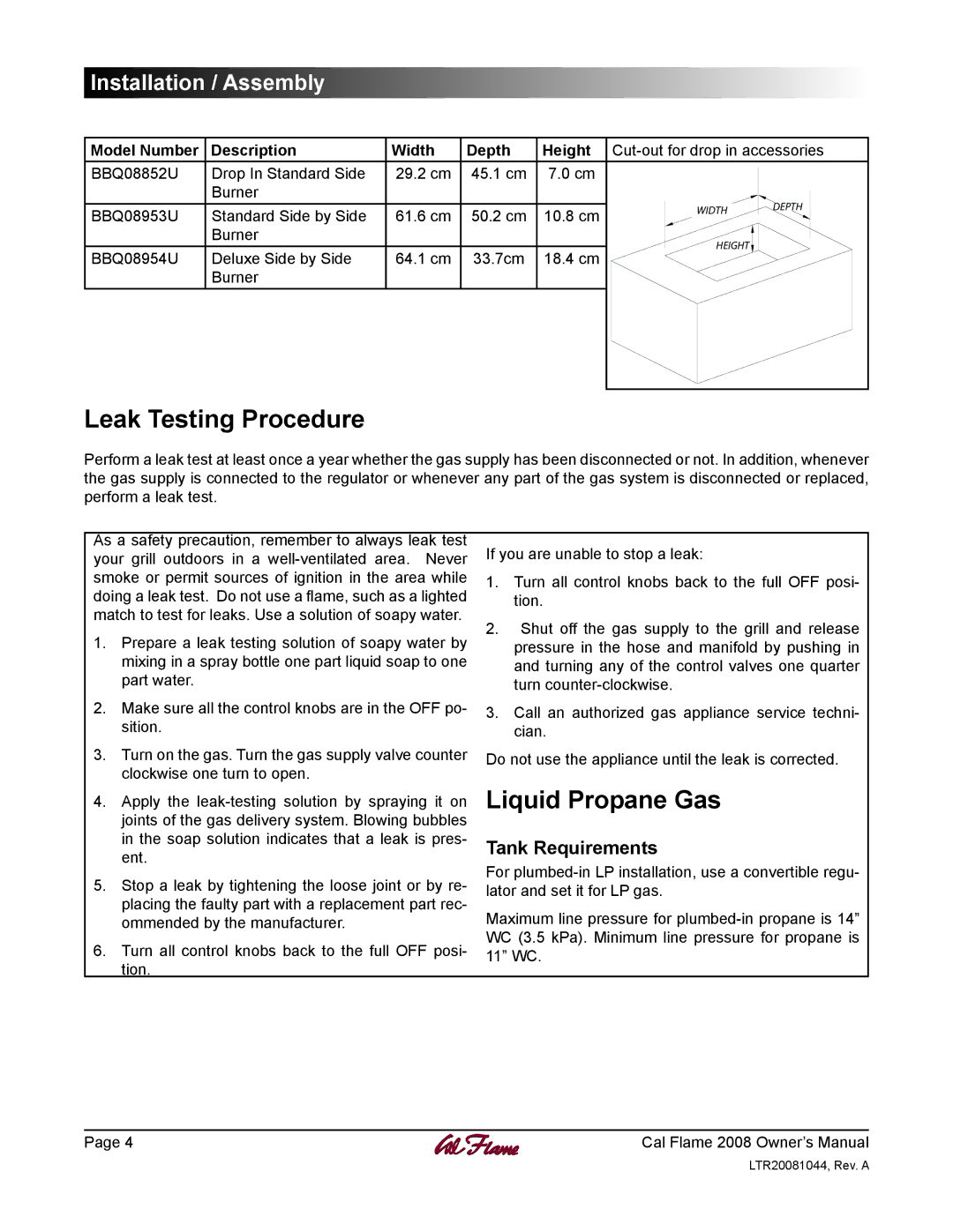 Cal Flame LTR20081044 manual Leak Testing Procedure, Liquid Propane Gas, Tank Requirements 