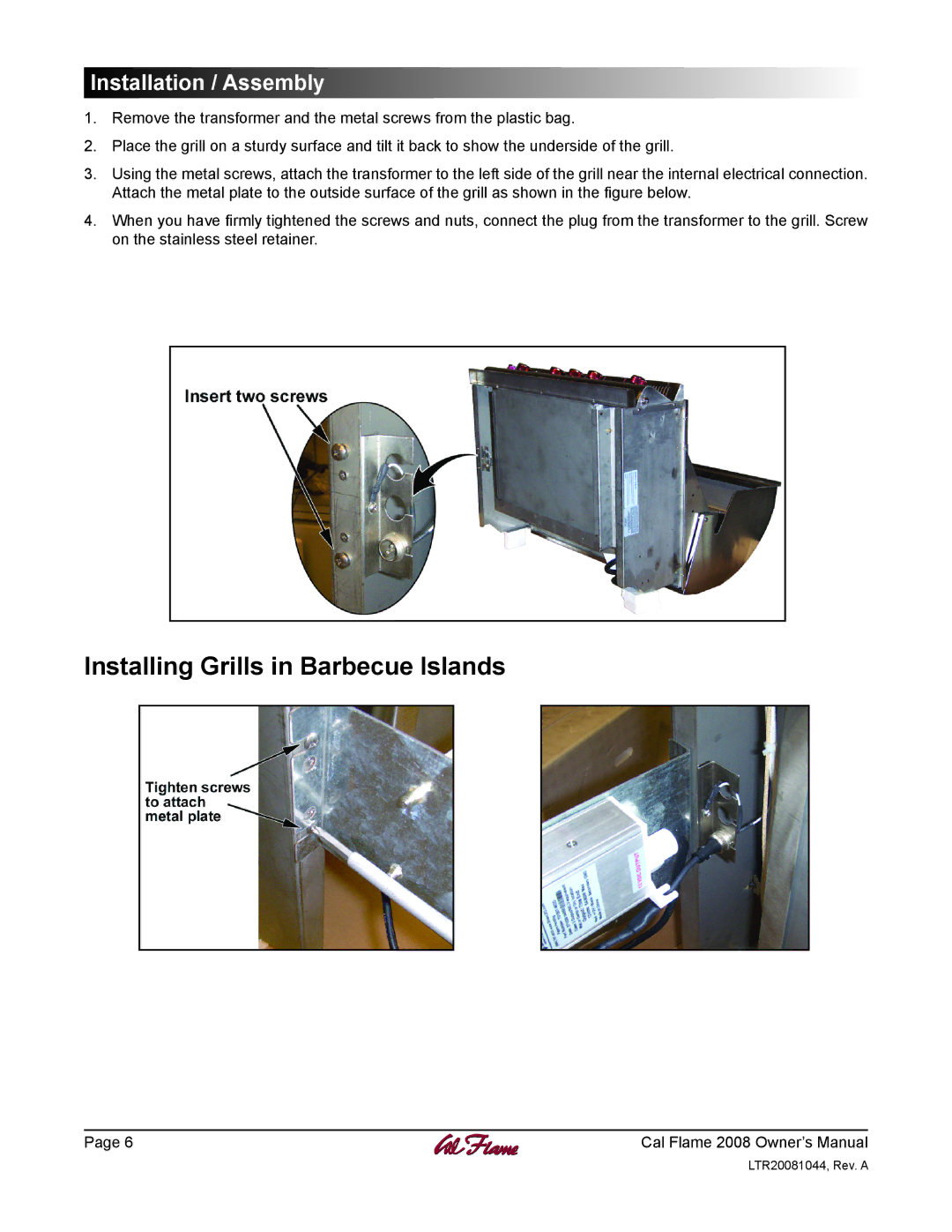 Cal Flame LTR20081044 manual Installing Grills in Barbecue Islands 