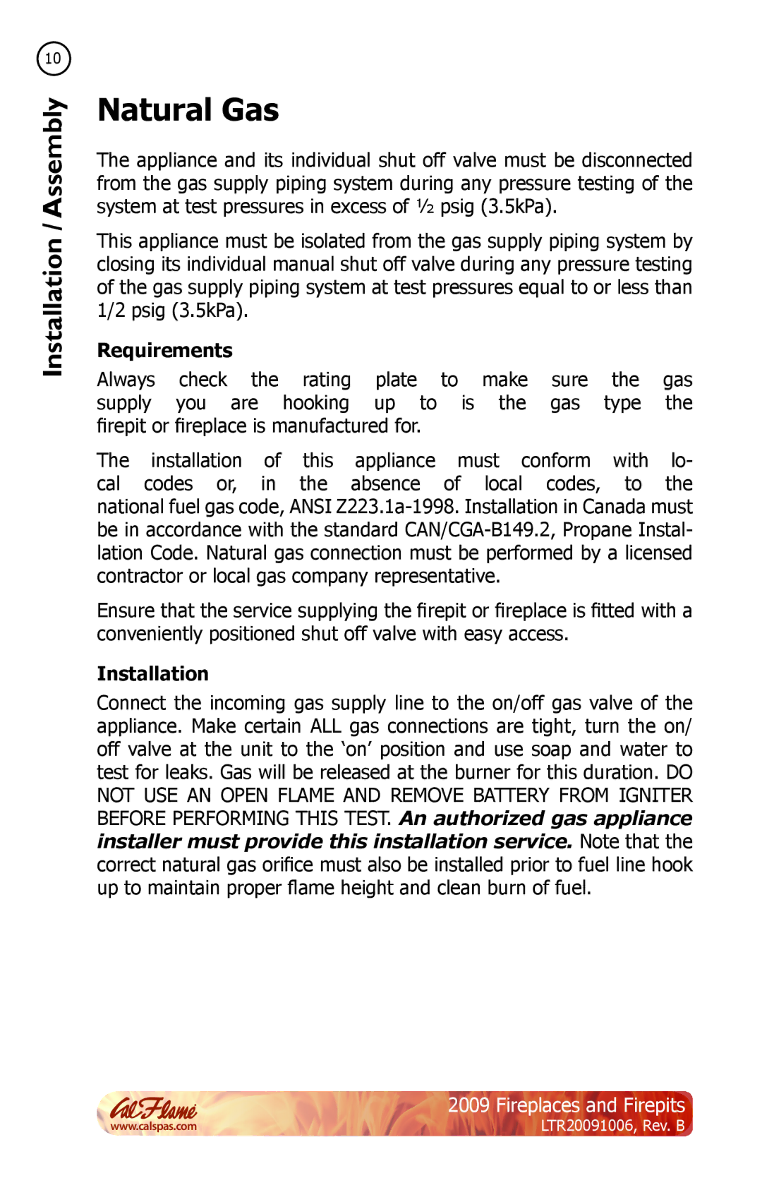 Cal Flame LTR20091006 manual Natural Gas, Installation 