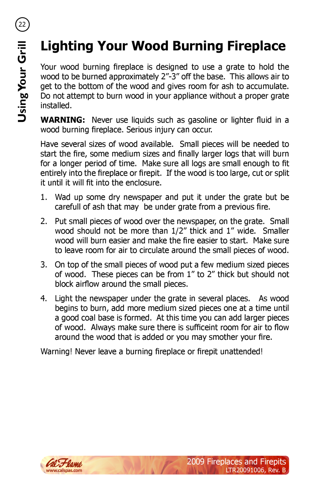 Cal Flame LTR20091006 manual Lighting Your Wood Burning Fireplace 