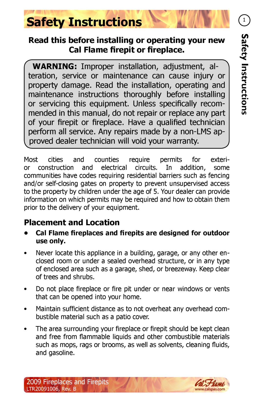 Cal Flame LTR20091006 manual Safety Instructions, Placement and Location 