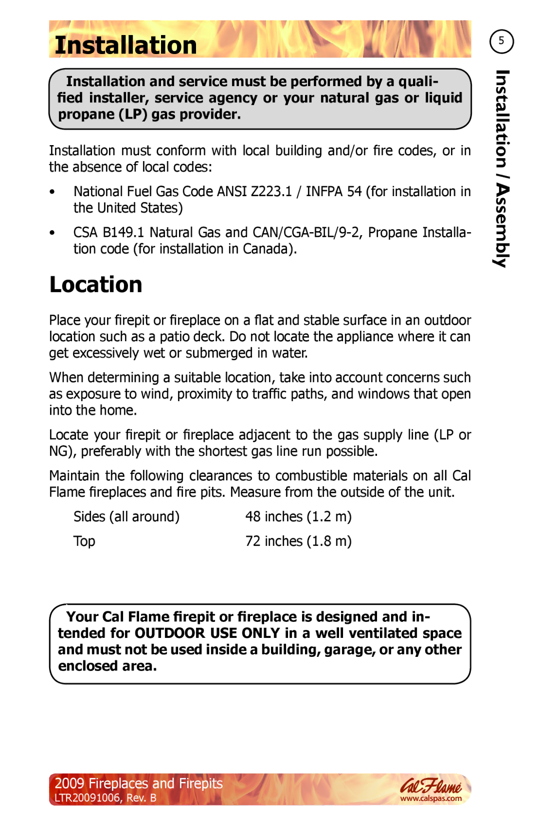 Cal Flame LTR20091006 manual Installation, Location 