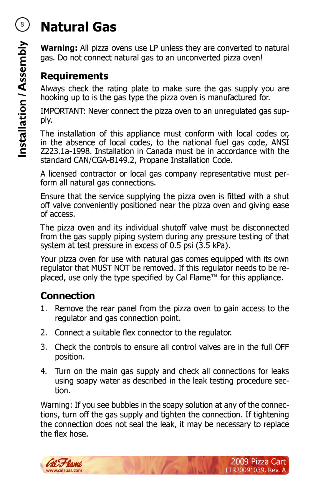 Cal Flame LTR20091039 manual Natural Gas, Requirements, Connection 