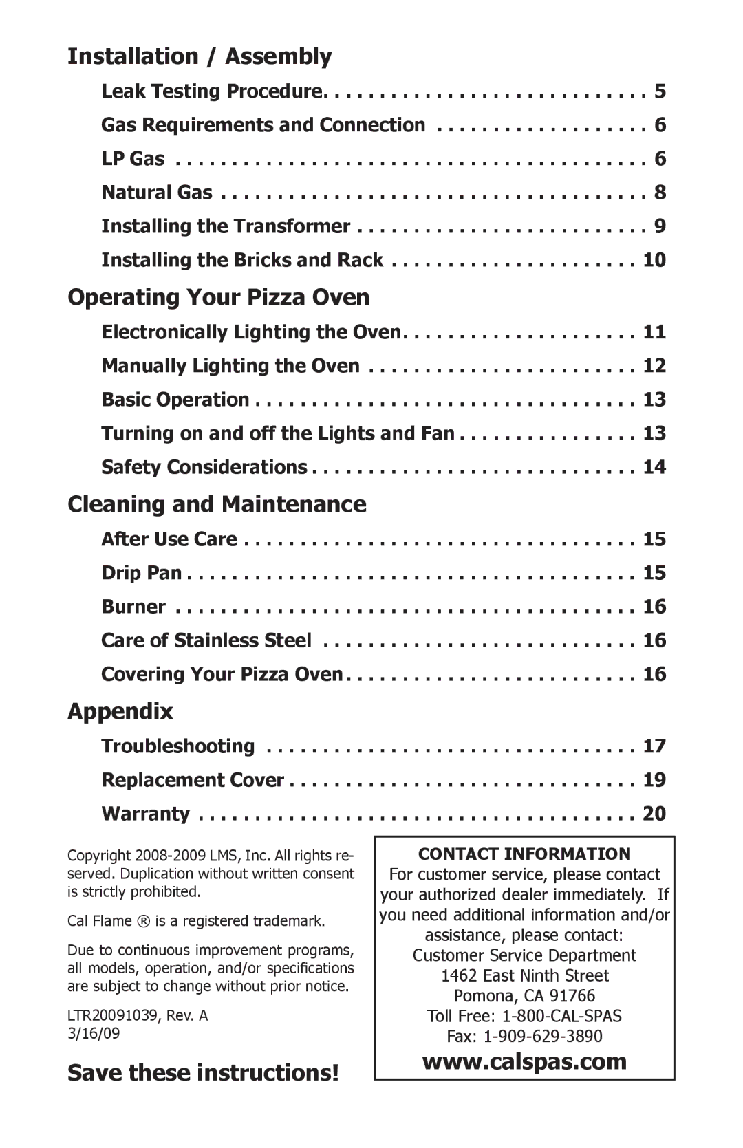 Cal Flame LTR20091039 manual Installation / Assembly, Operating Your Pizza Oven, Cleaning and Maintenance, Appendix 