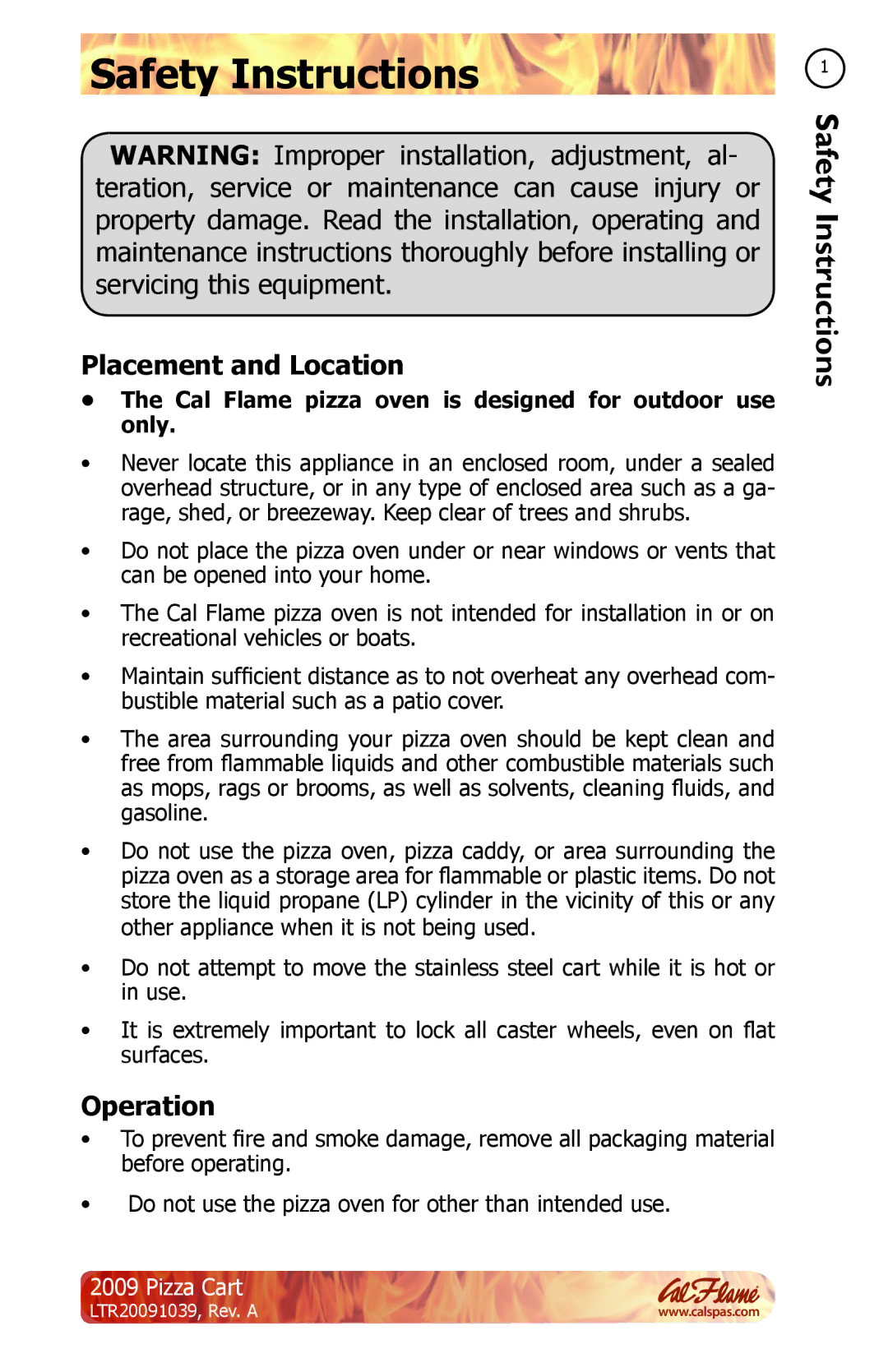 Cal Flame LTR20091039 manual Safety Instructions, Placement and Location, Operation 