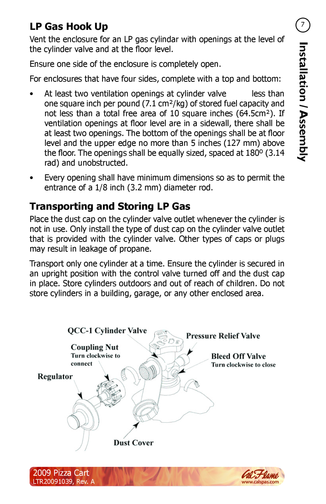 Cal Flame LTR20091039 manual LP Gas Hook Up, Transporting and Storing LP Gas 