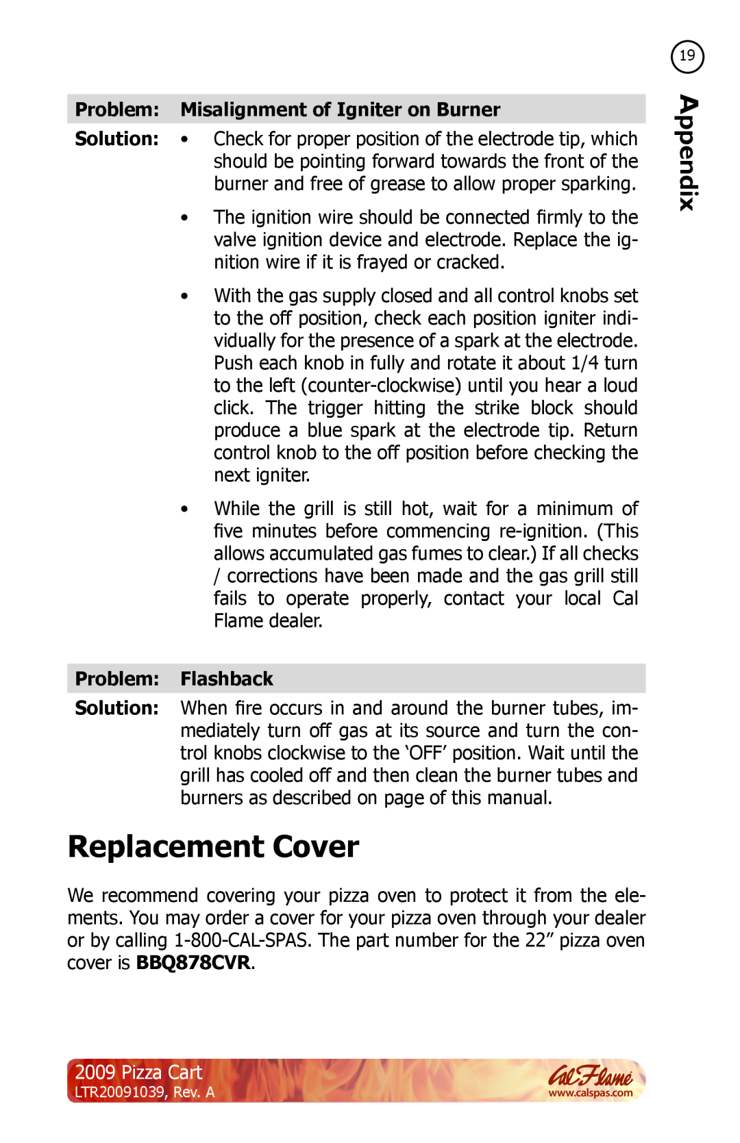 Cal Flame LTR20091039 manual Replacement Cover, Problem Misalignment of Igniter on Burner, Problem Flashback, Pizza Cart 
