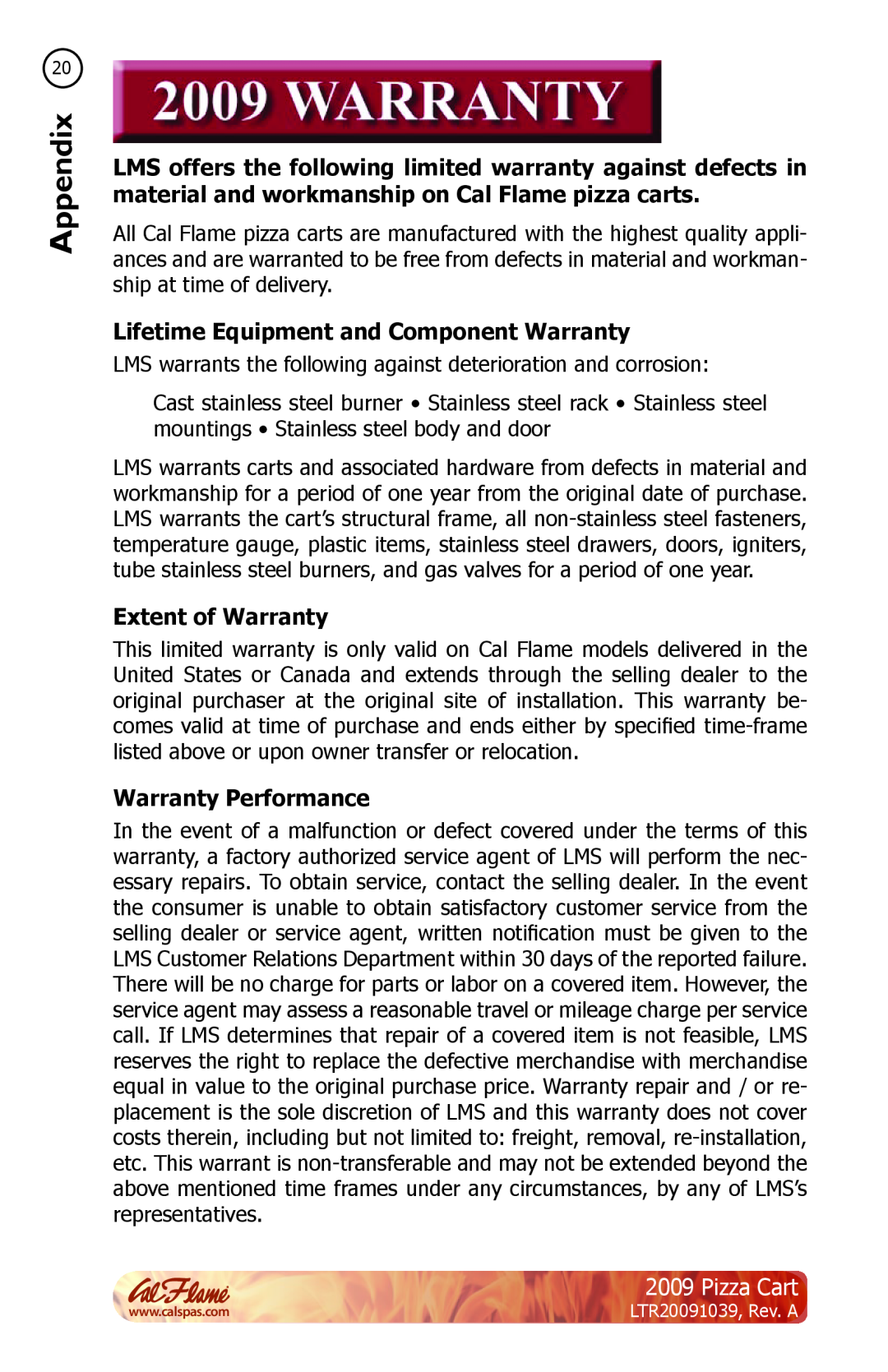 Cal Flame LTR20091039 manual 20Warranty, Appendix, Pizza Cart 