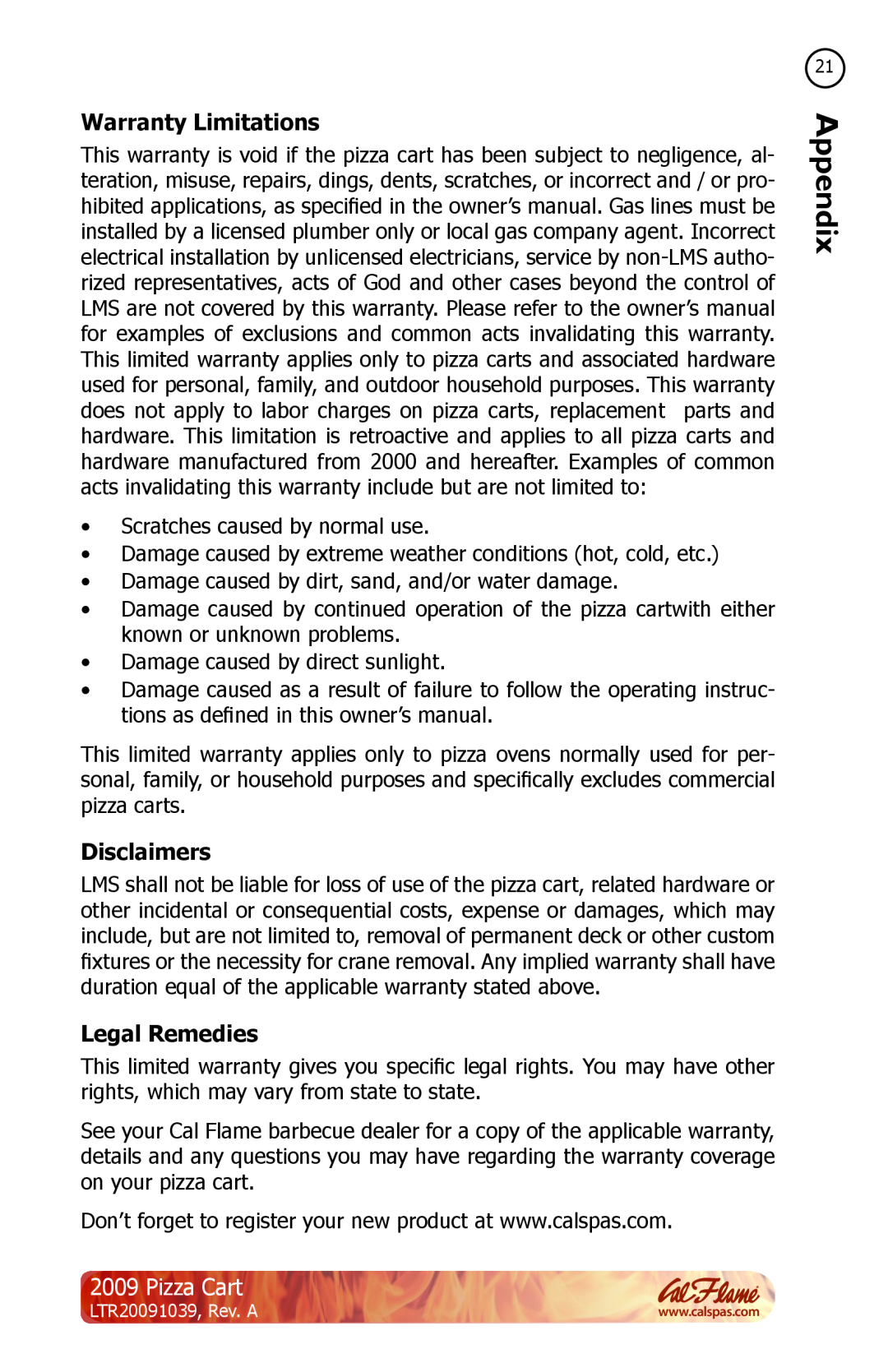 Cal Flame LTR20091039 manual Warranty Limitations, Disclaimers, Legal Remedies, Pizza Cart 