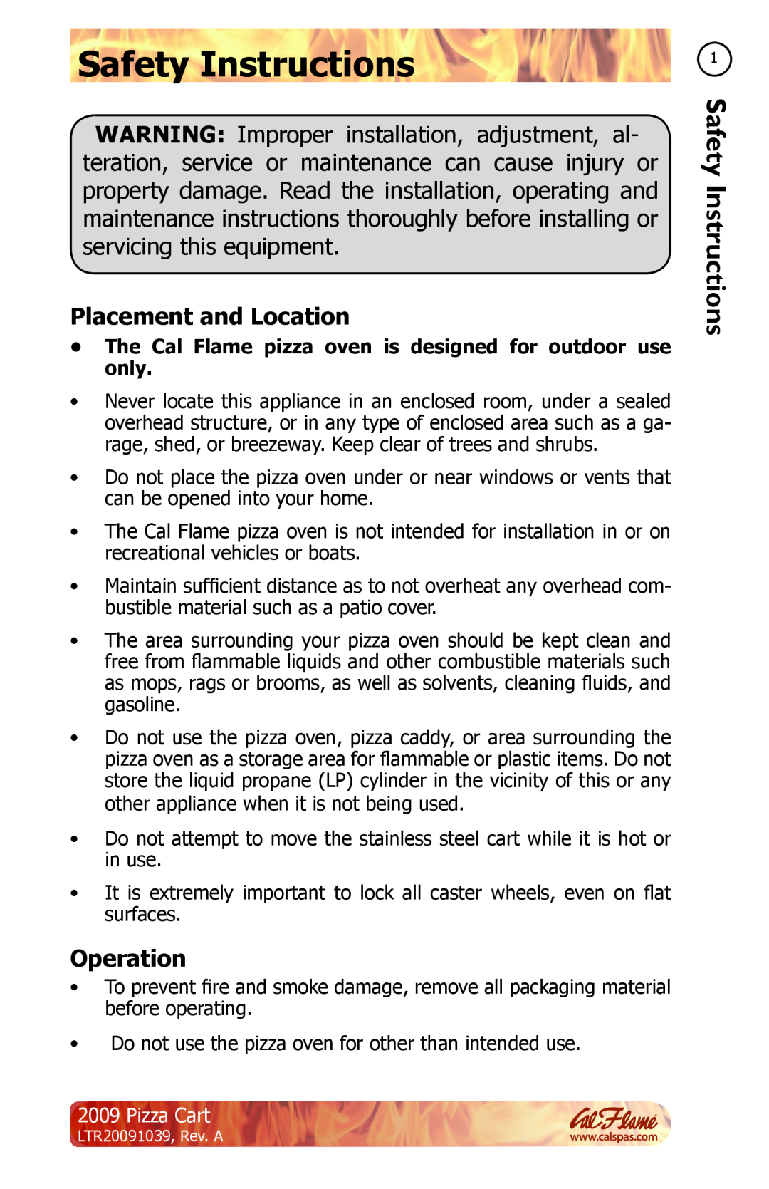 Cal Flame LTR20091039 manual Safety Instructions, Placement and Location, Operation, Pizza Cart 