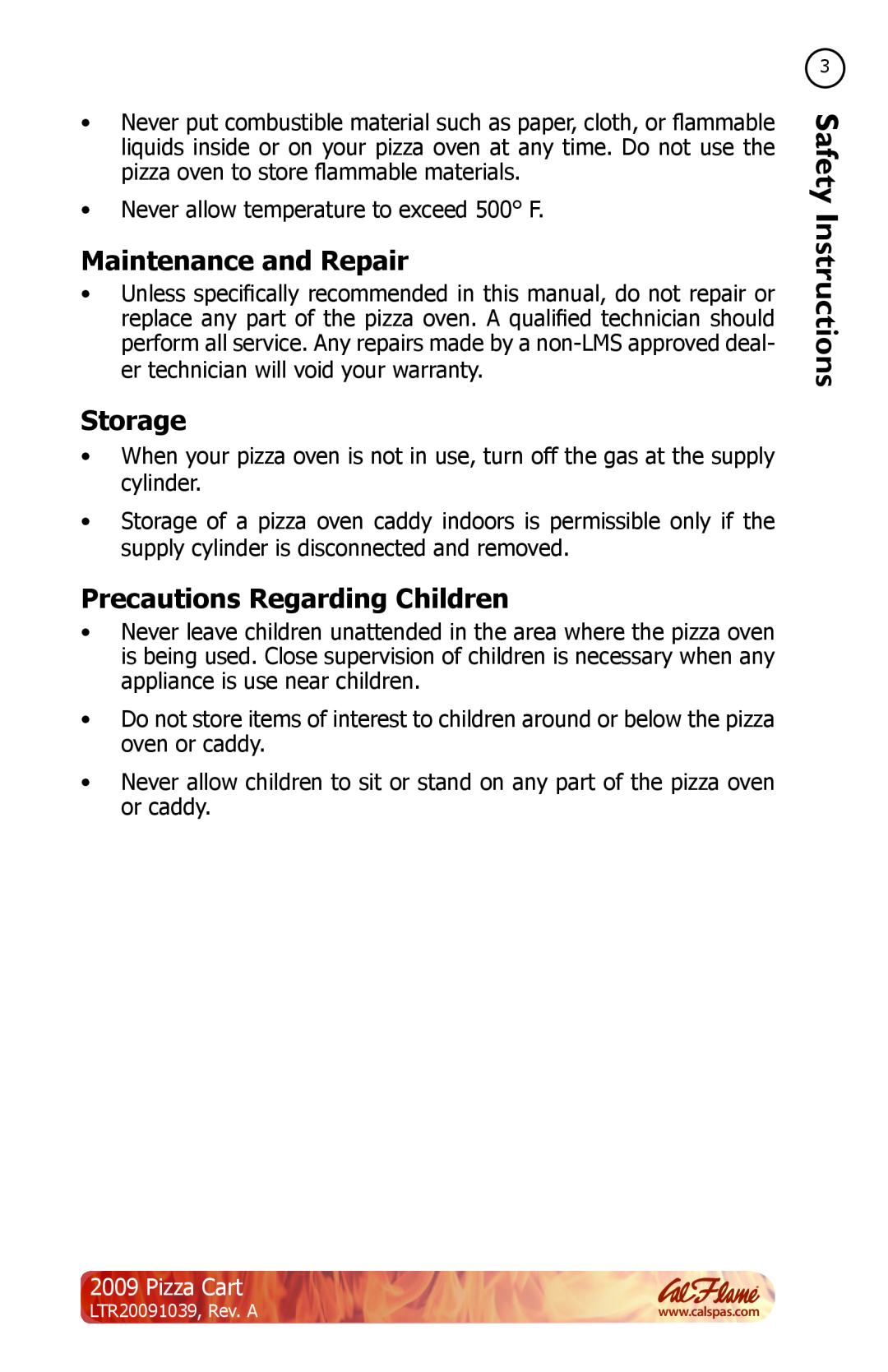 Cal Flame LTR20091039 manual Maintenance and Repair, Storage, Precautions Regarding Children, Pizza Cart 
