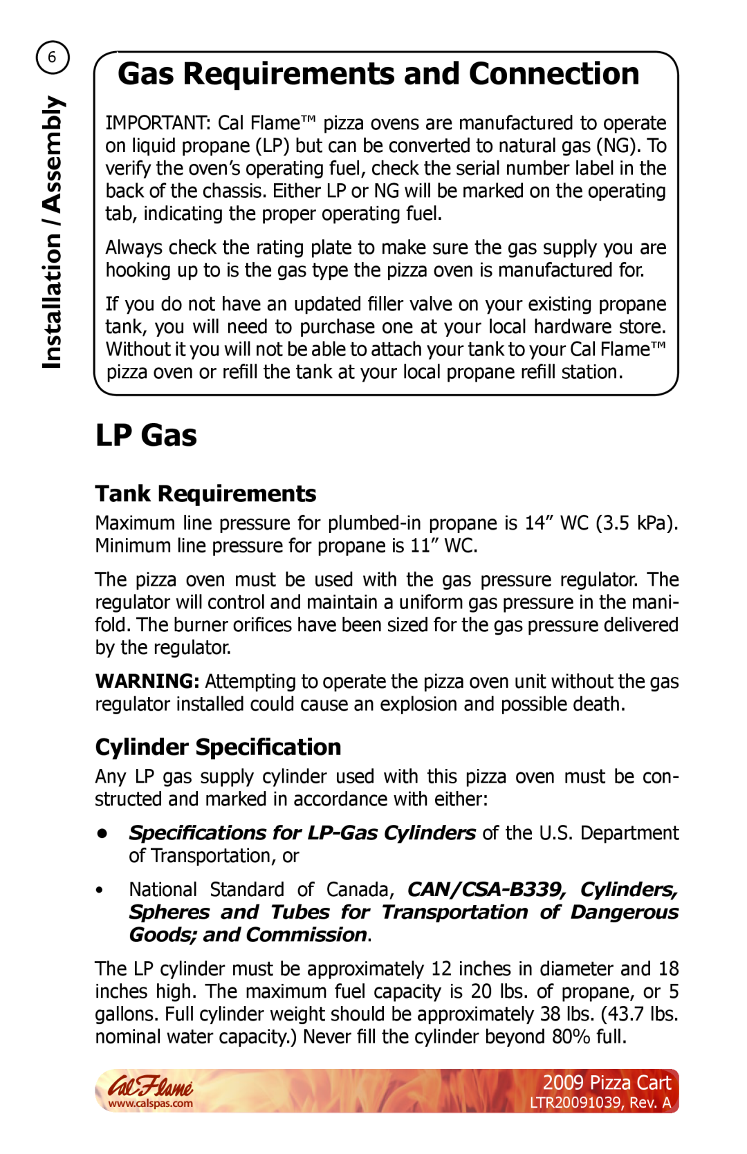 Cal Flame LTR20091039 manual Gas Requirements and Connection, LP Gas, Tank Requirements, Cylinder Specification, Pizza Cart 