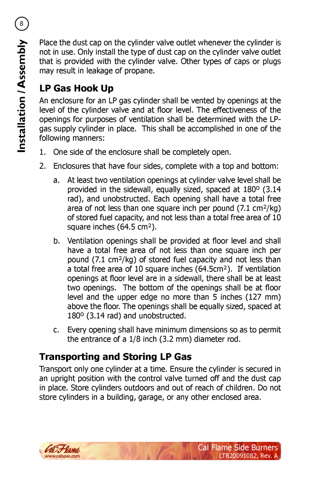 Cal Flame LTR20091082 manual LP Gas Hook Up, Transporting and Storing LP Gas 