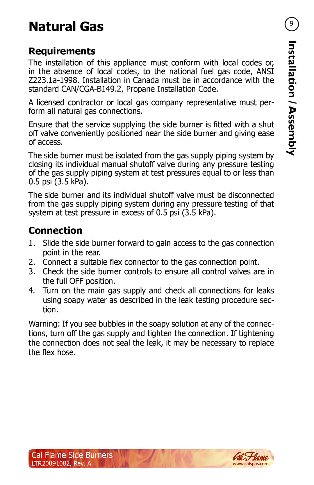 Cal Flame LTR20091082 manual Natural Gas, Requirements, Connection 