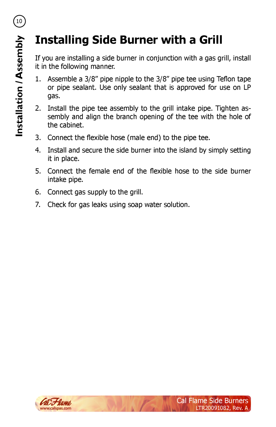 Cal Flame LTR20091082 manual Installing Side Burner with a Grill 