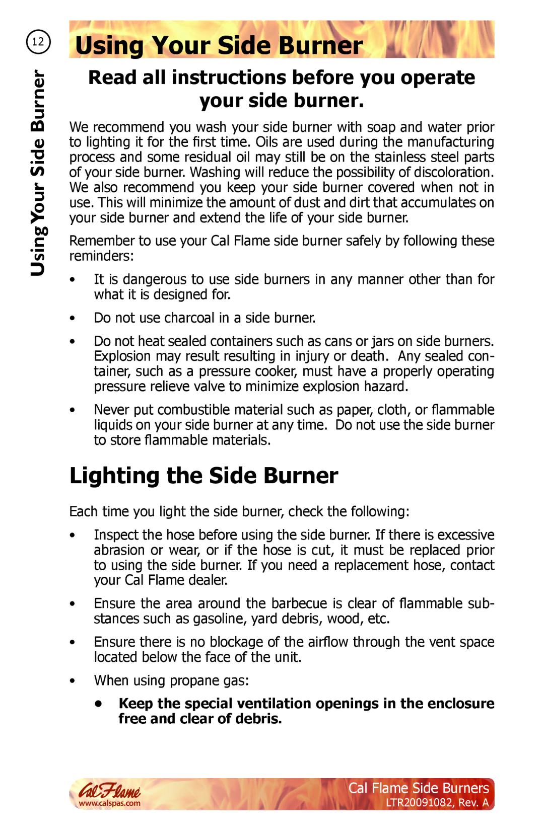 Cal Flame LTR20091082 manual Using Your Side Burner, Lighting the Side Burner 