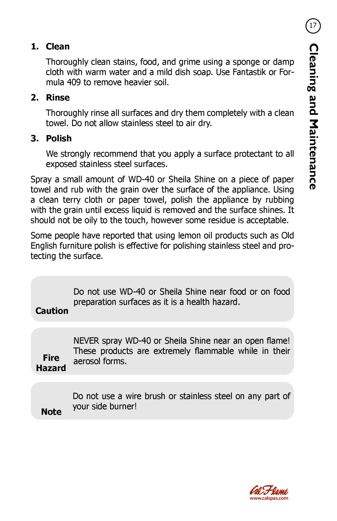 Cal Flame LTR20091082 manual Clean, Rinse, Polish, Fire, Hazard 