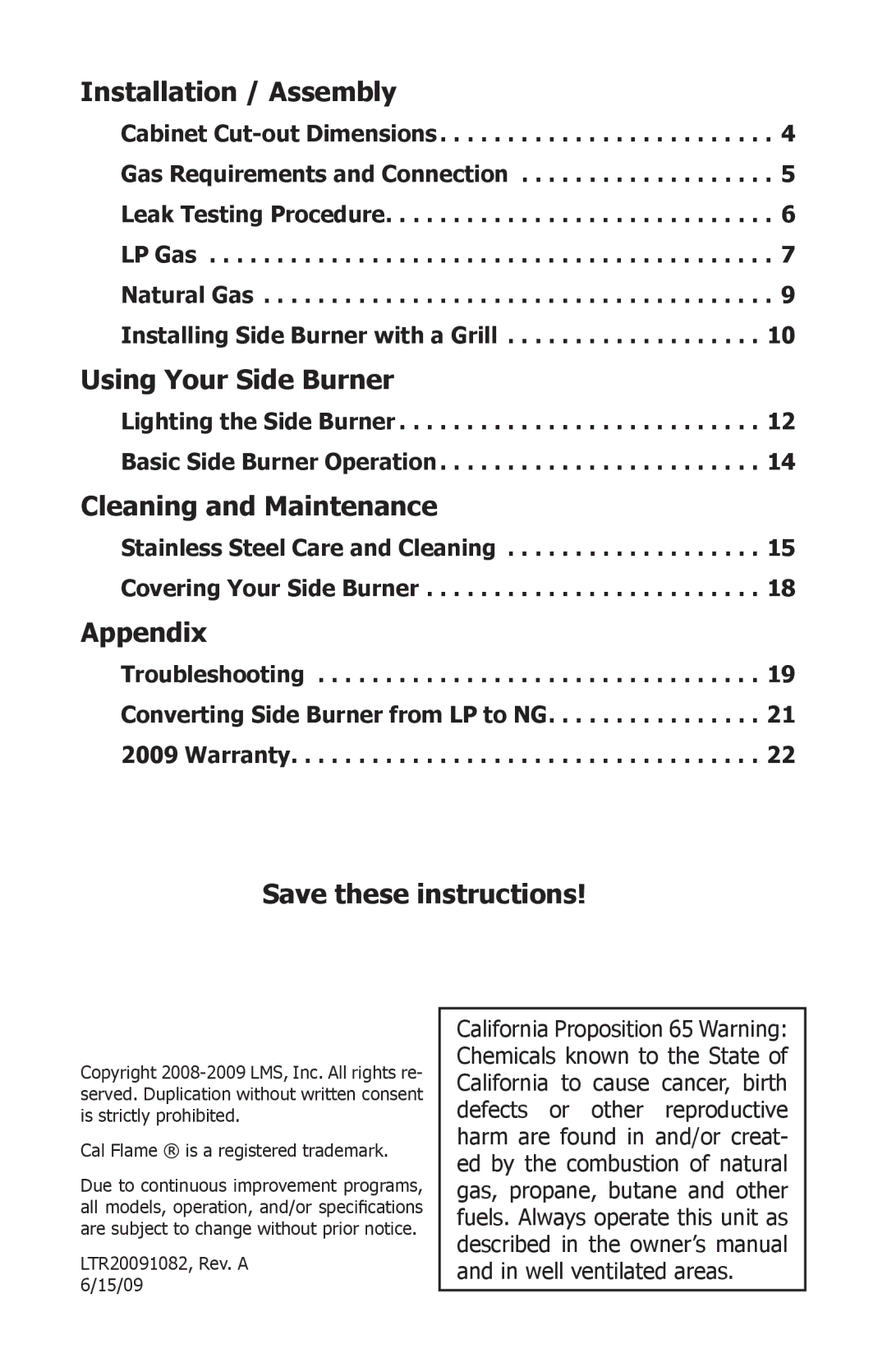 Cal Flame LTR20091082 manual Installation / Assembly, Using Your Side Burner, Cleaning and Maintenance, Appendix 