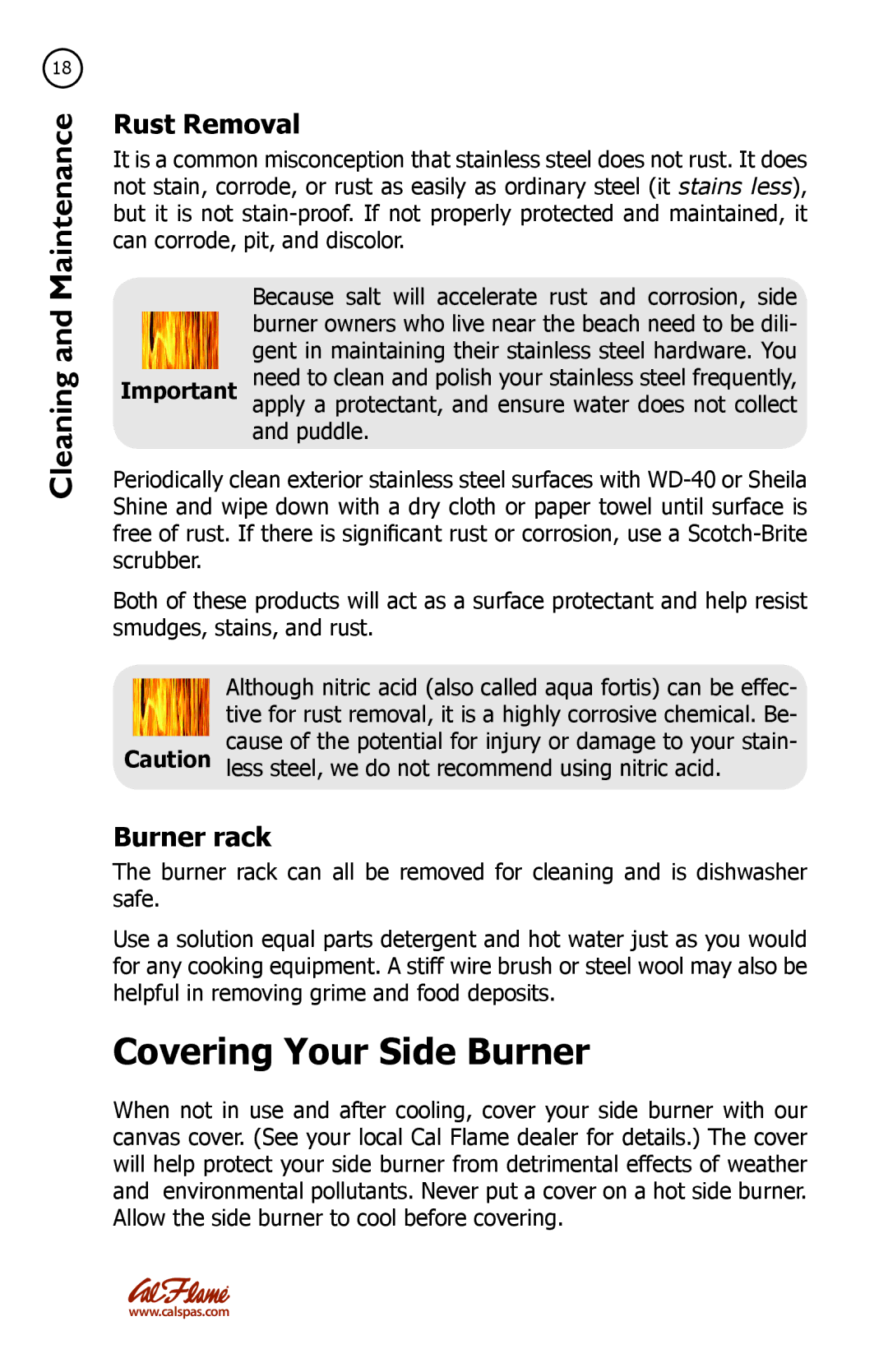 Cal Flame LTR20091082 manual Covering Your Side Burner, Rust Removal, Burner rack 