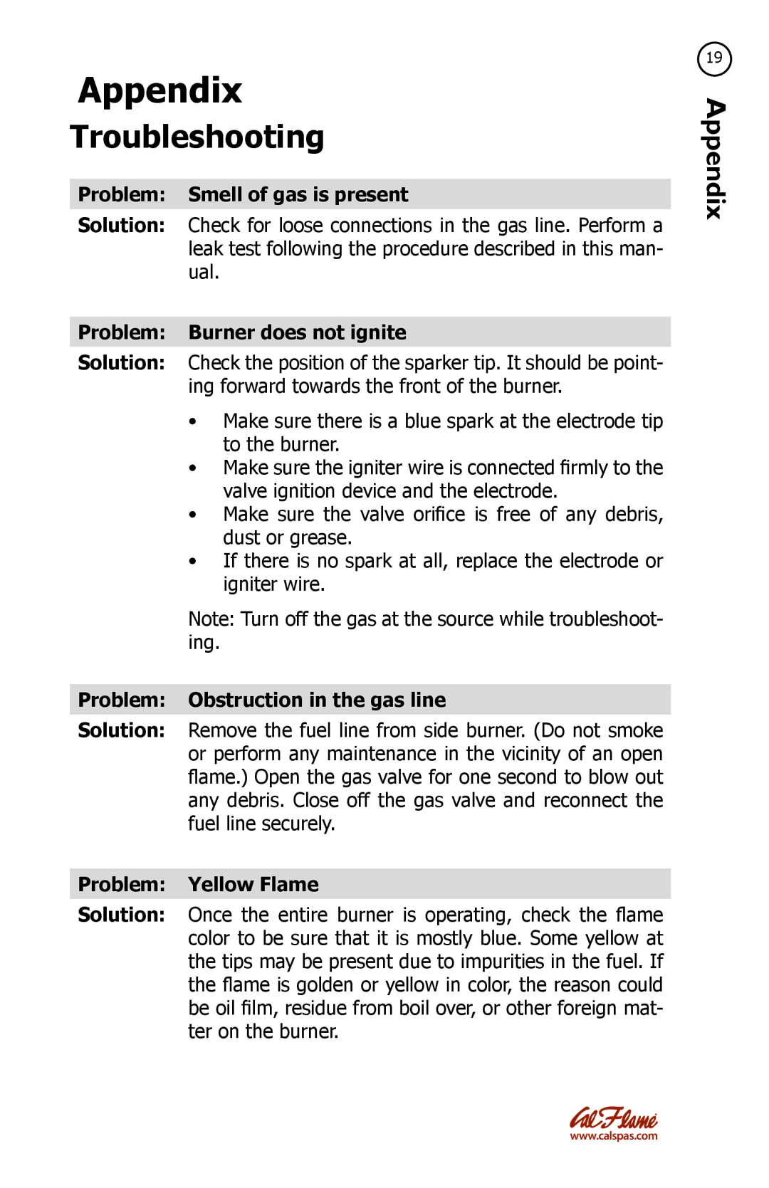 Cal Flame LTR20091082 manual Appendix, Troubleshooting 