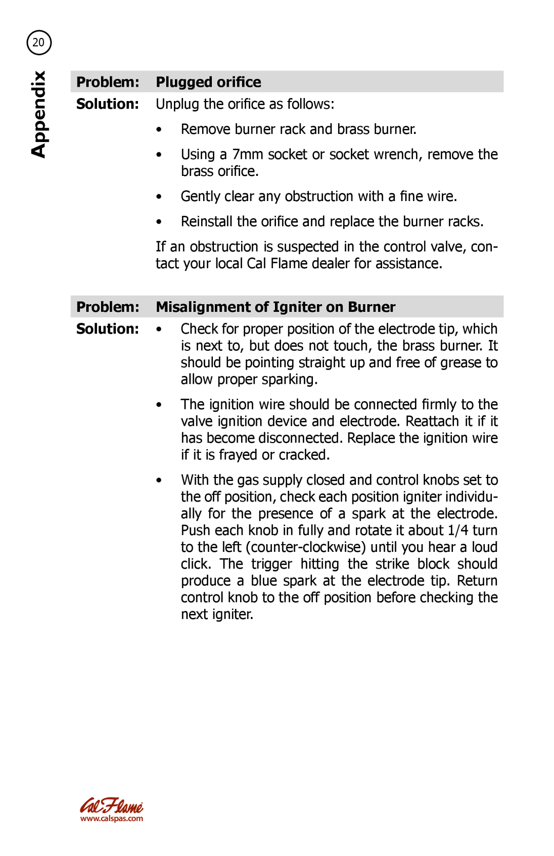 Cal Flame LTR20091082 manual Problem Plugged orifice, Problem Misalignment of Igniter on Burner 