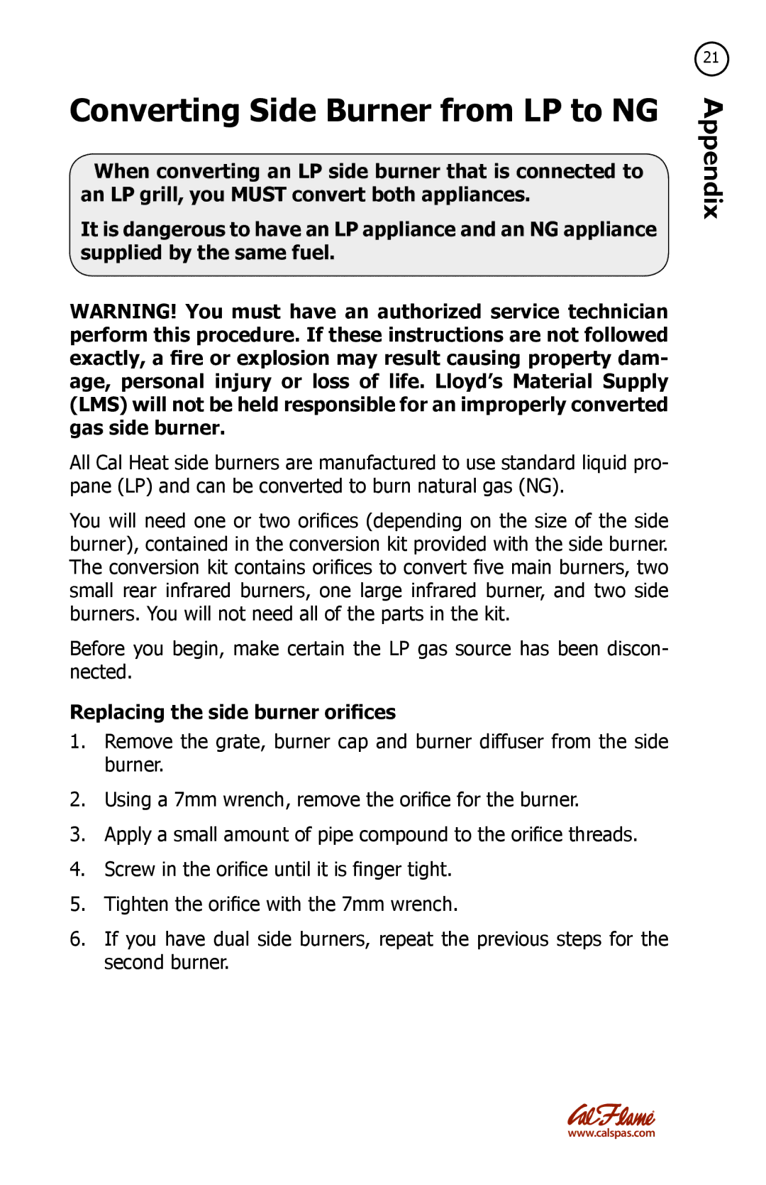 Cal Flame LTR20091082 manual Converting Side Burner from LP to NG, Replacing the side burner orifices 
