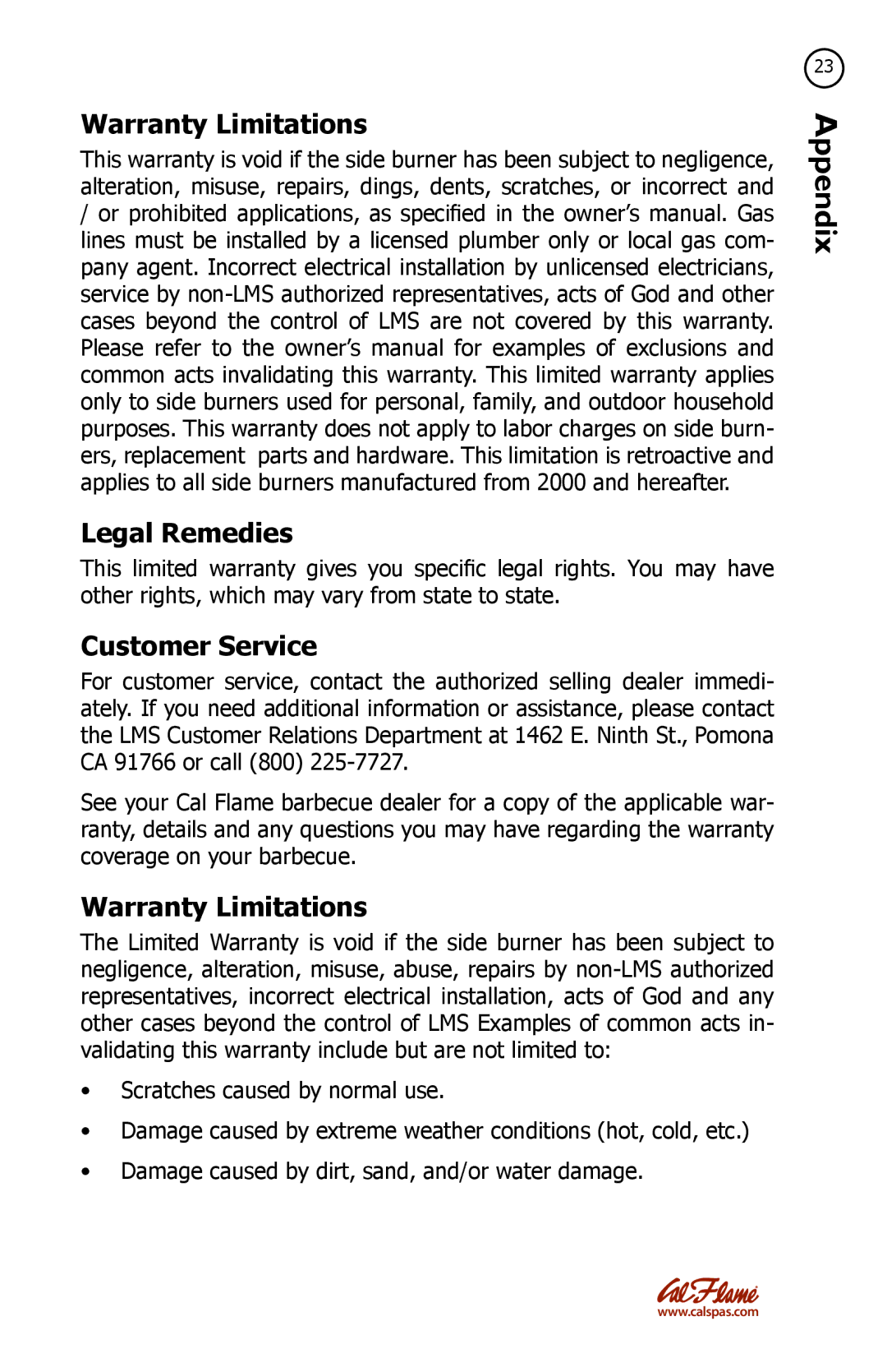 Cal Flame LTR20091082 manual Warranty Limitations, Legal Remedies, Customer Service 