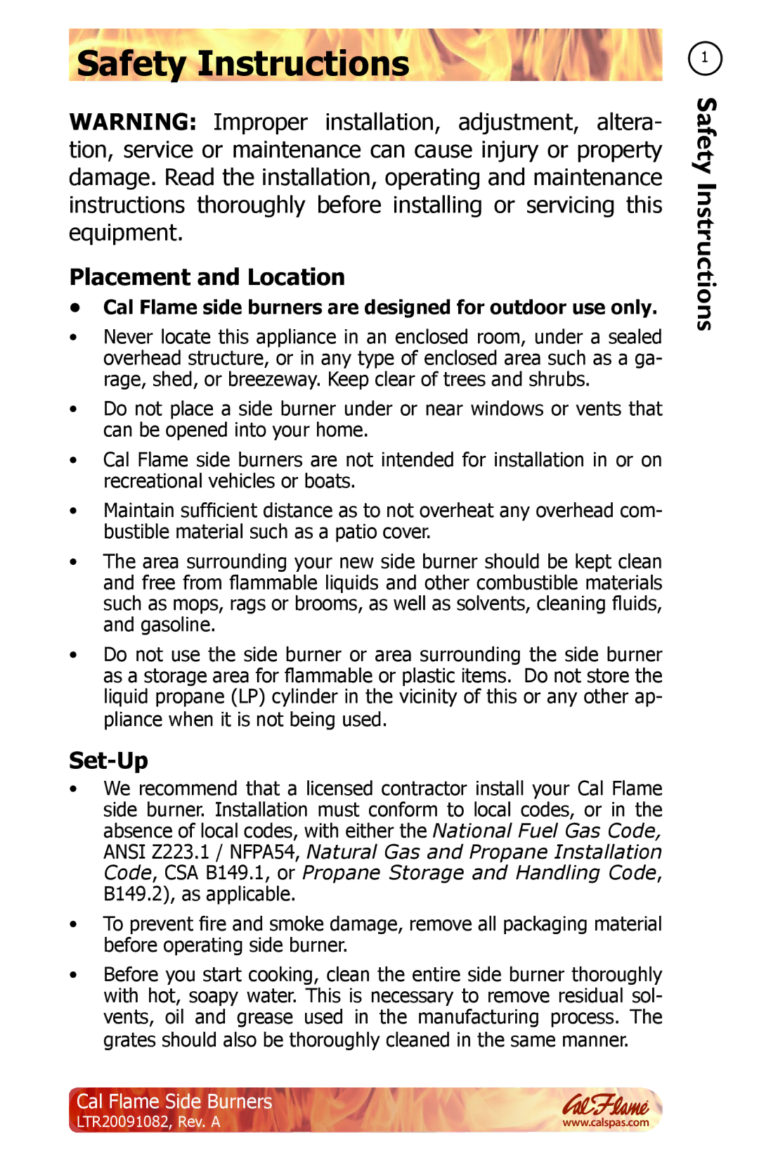 Cal Flame LTR20091082 manual Safety Instructions, Placement and Location, Set-Up 