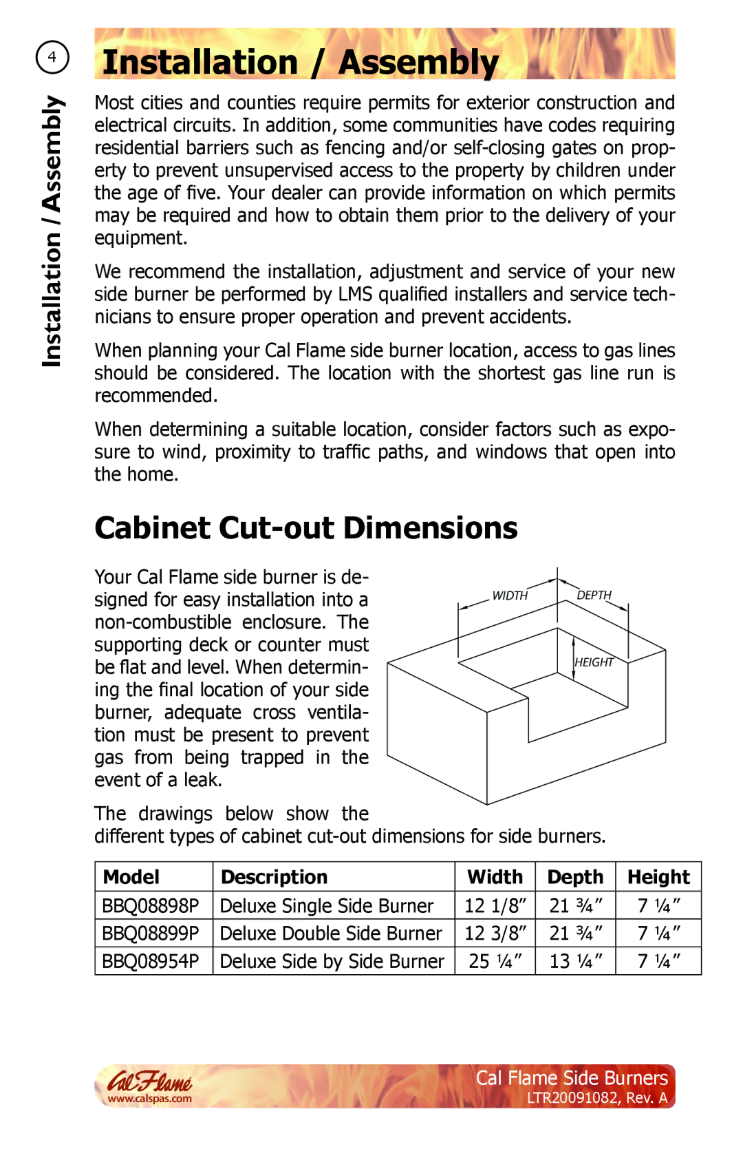 Cal Flame LTR20091082 manual Installation / Assembly, Cabinet Cut-out Dimensions, Model Description Width Depth Height 